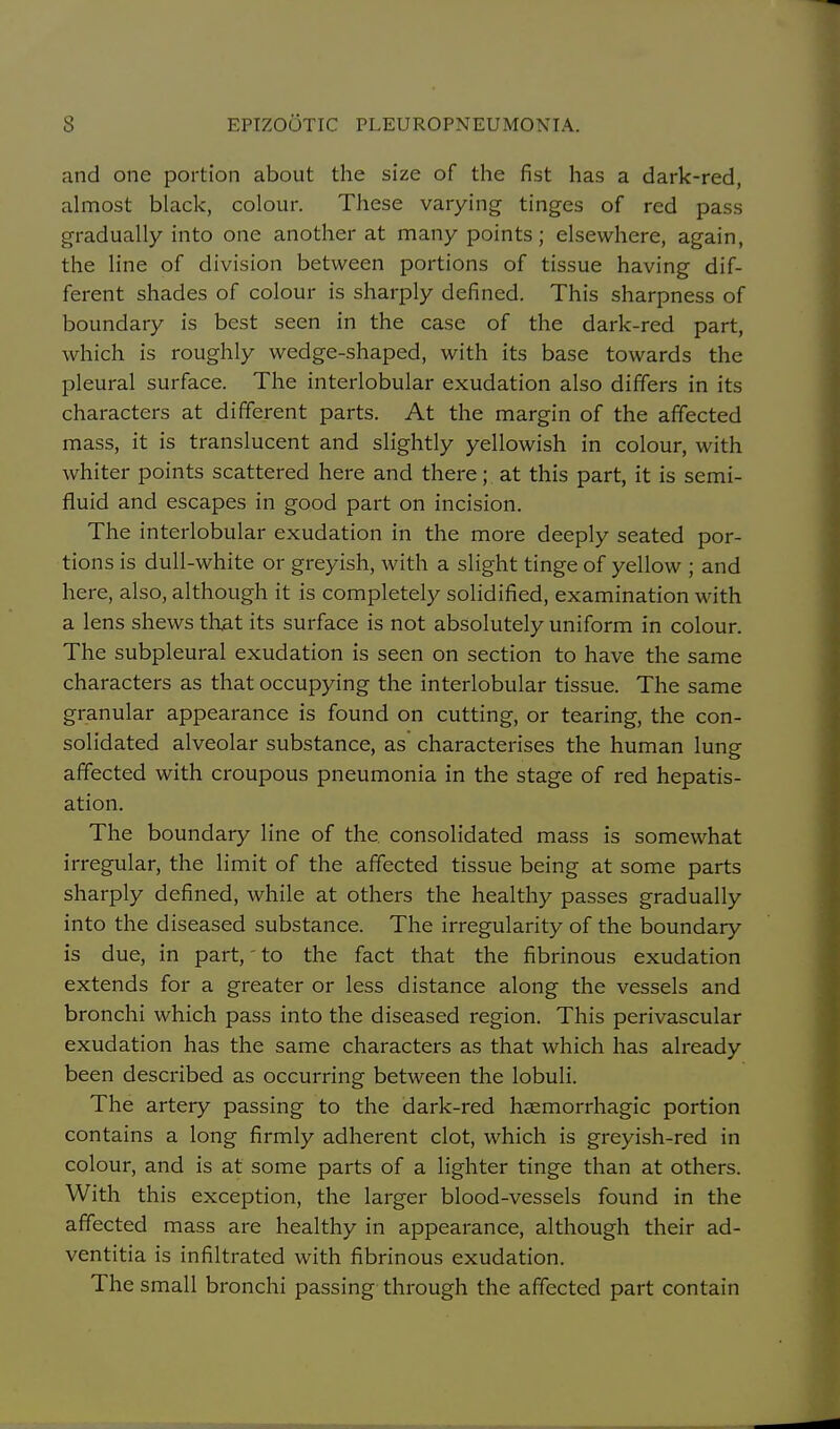 and one portion about the size of the fist has a dark-red, almost black, colour. These varying tinges of red pass gradually into one another at many points; elsewhere, again, the line of division between portions of tissue having dif- ferent shades of colour is sharply defined. This sharpness of boundary is best seen in the case of the dark-red part, which is roughly wedge-shaped, with its base towards the pleural surface. The interlobular exudation also differs in its characters at different parts. At the margin of the affected mass, it is translucent and slightly yellowish in colour, with whiter points scattered here and there; at this part, it is semi- fluid and escapes in good part on incision. The interlobular exudation in the more deeply seated por- tions is dull-white or greyish, with a slight tinge of yellow ; and here, also, although it is completely solidified, examination with a lens shews that its surface is not absolutely uniform in colour. The subpleural exudation is seen on section to have the same characters as that occupying the interlobular tissue. The same granular appearance is found on cutting, or tearing, the con- solidated alveolar substance, as characterises the human lung affected with croupous pneumonia in the stage of red hepatis- ation. The boundary line of the consolidated mass is somewhat irregular, the limit of the affected tissue being at some parts sharply defined, while at others the healthy passes gradually into the diseased substance. The irregularity of the boundary is due, in part,' to the fact that the fibrinous exudation extends for a greater or less distance along the vessels and bronchi which pass into the diseased region. This perivascular exudation has the same characters as that which has already been described as occurring between the lobuli. The artery passing to the dark-red haemorrhagic portion contains a long firmly adherent clot, which is greyish-red in colour, and is at some parts of a lighter tinge than at others. With this exception, the larger blood-vessels found in the affected mass are healthy in appearance, although their ad- ventitia is infiltrated with fibrinous exudation. The small bronchi passing through the affected part contain