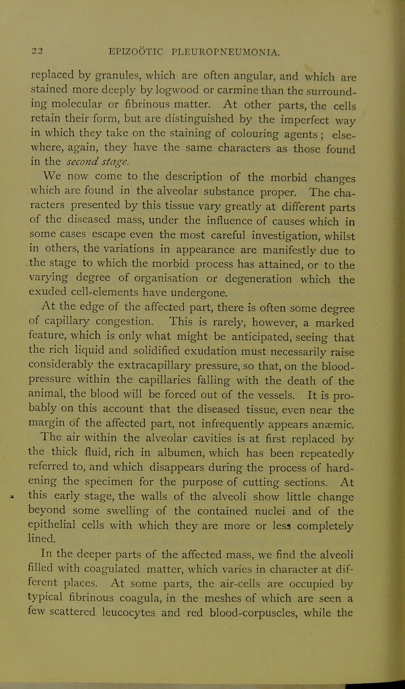 replaced by granules, which are often angular, and which are stained more deeply by logwood or carmine than the surround- ing molecular or fibrinous matter. At other parts, the cells retain their form, but are distinguished by the imperfect way in which they take on the staining of colouring agents ; else- where, again, they have the same characters as those found in the second stage. We now come to the description of the morbid changes which are found in the alveolar substance proper. The cha- racters presented by this tissue vary greatly at different parts of the diseased mass, under the influence of causes which in some cases escape even the most careful investigation, whilst in others, the variations in appearance are manifestly due to the stage to which the morbid process has attained, or to the varying degree of organisation or degeneration which the exuded cell-elements have undergone. At the edge of the affected part, there is often some degree of capillary congestion. This is rarely, however, a marked feature, which is only what might be anticipated, seeing that the rich liquid and solidified exudation must necessarily raise considerably the extracapillary pressure, so that, on the blood- pressure within the capillaries falling with the death of the animal, the blood will be forced out of the vessels. It is pro- bably on this account that the diseased tissue, even near the margin of the affected part, not infrequently appears anaemic. The air within the alveolar cavities is at first replaced by the thick fluid, rich in albumen, which has been repeatedly referred to, and which disappears during the process of hard- ening the specimen for the purpose of cutting sections. At this early stage, the walls of the alveoli show little change beyond some swelling of the contained nuclei and of the epithelial cells with which they are more or less completely lined. In the deeper parts of the affected mass, we find the alveoli filled with coagulated matter, which varies in character at dif- ferent places. At some parts, the air-cells are occupied by typical fibrinous coagula, in the meshes of which are seen a few scattered leucocytes and red blood-corpuscles, while the