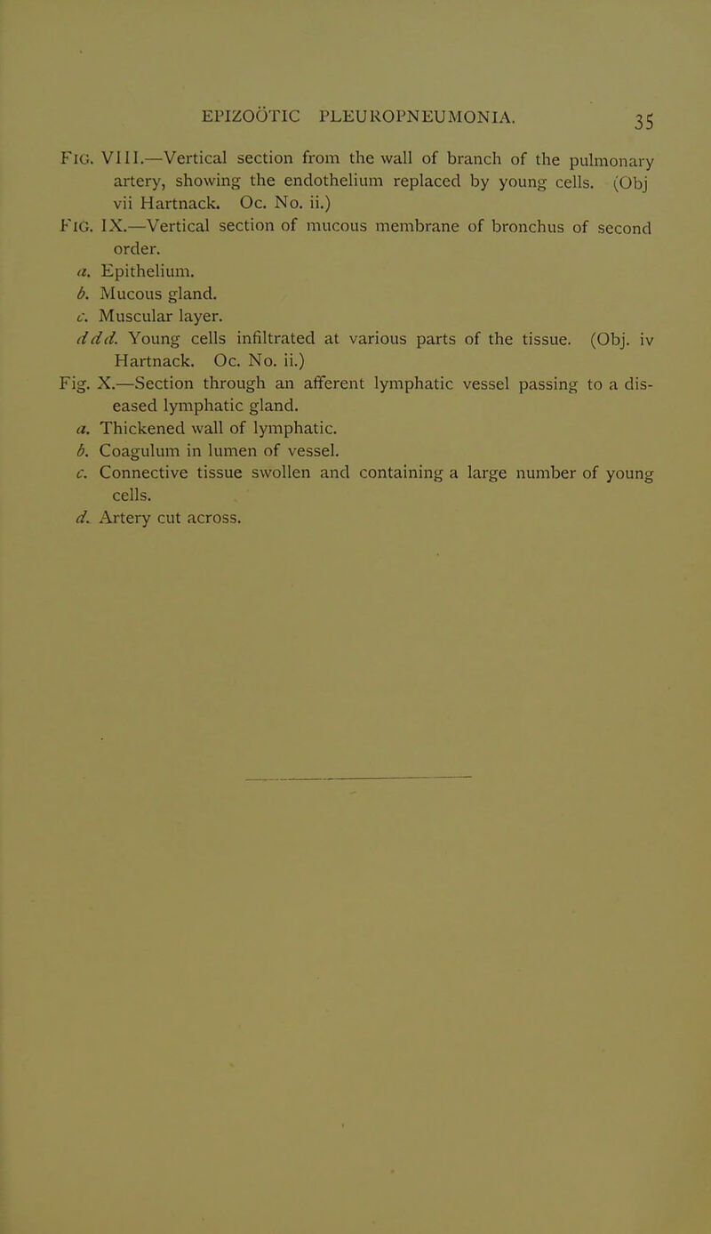 Fig. VIII.—Vertical section from the wall of branch of the pulmonary artery, showing the endothelium replaced by young cells. (Obj vii Hartnack. Oc. No. ii.) Fig. IX.—Vertical section of mucous membrane of bronchus of second order. u. Epithelium. b. Mucous gland. c. Muscular layer. (idd. Young cells infiltrated at various parts of the tissue. (Obj. iv Hartnack. Oc. No. ii.) Fig. X.—Section through an afferent lymphatic vessel passing to a dis- eased lymphatic gland. a. Thickened wall of lymphatic. b. Coagulum in lumen of vessel. c. Connective tissue swollen and containing a large number of young cells. d. Artery cut across.