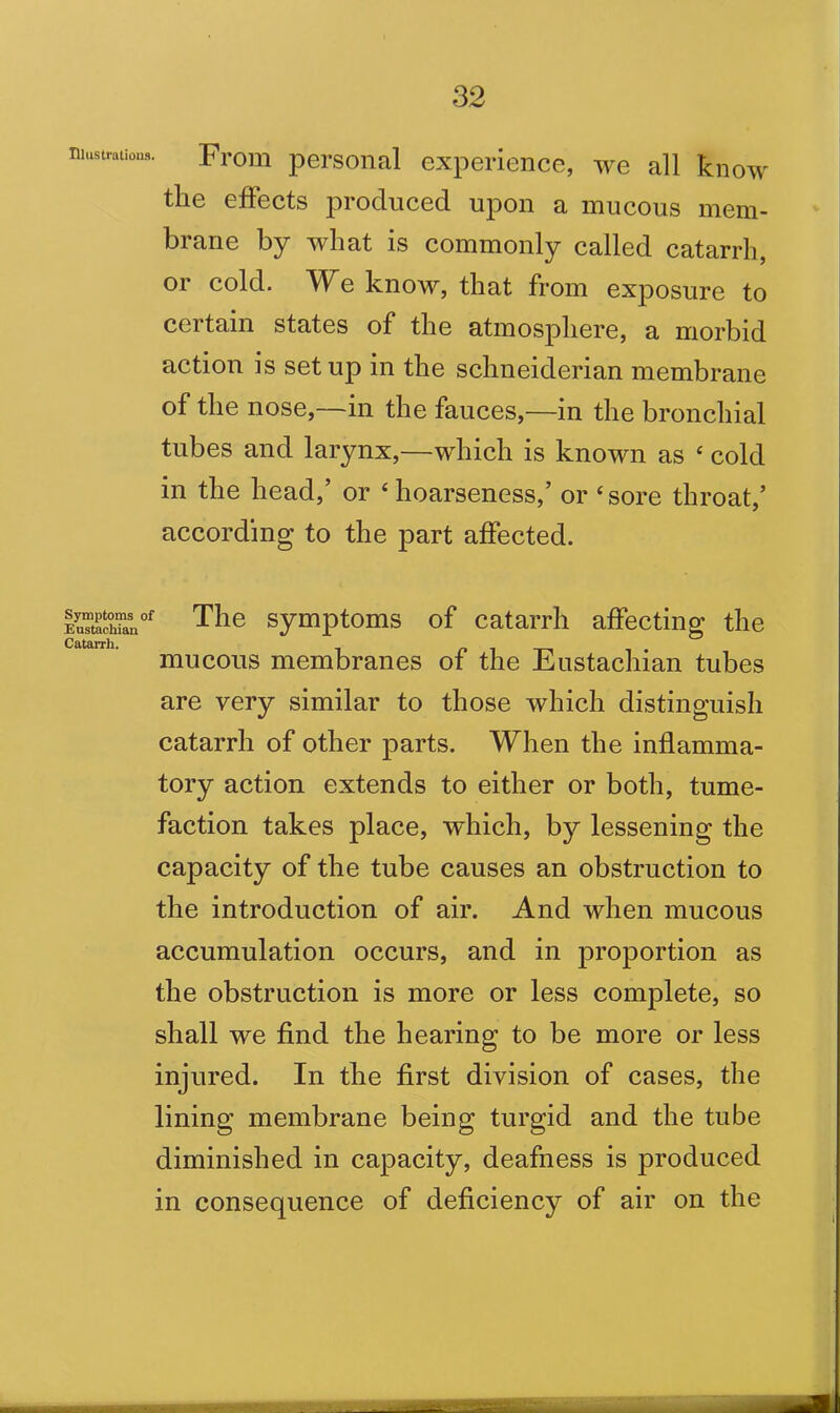 illustrations. From personal experience, we all know the effects produced upon a mucous mem- brane by what is commonly called catarrh, or cold. We know, that from exposure to certain states of the atmosphere, a morbid action is setup in the Schneiderian membrane of the nose,—in the fauces,—in the bronchial tubes and larynx,—which is known as ‘ cold in the head,’ or ‘hoarseness,’ or ‘sore throat,’ according to the part affected. !uTtoc°hTanof The symptoms of catarrh affecting the Catarrh. mucous membranes of the Eustachian tubes are very similar to those which distinguish catarrh of other parts. When the inflamma- tory action extends to either or both, tume- faction takes place, which, by lessening the capacity of the tube causes an obstruction to the introduction of air. And when mucous accumulation occurs, and in proportion as the obstruction is more or less complete, so shall we find the hearing to be more or less injured. In the first division of cases, the lining membrane being turgid and the tube diminished in capacity, deafness is produced in consequence of deficiency of air on the