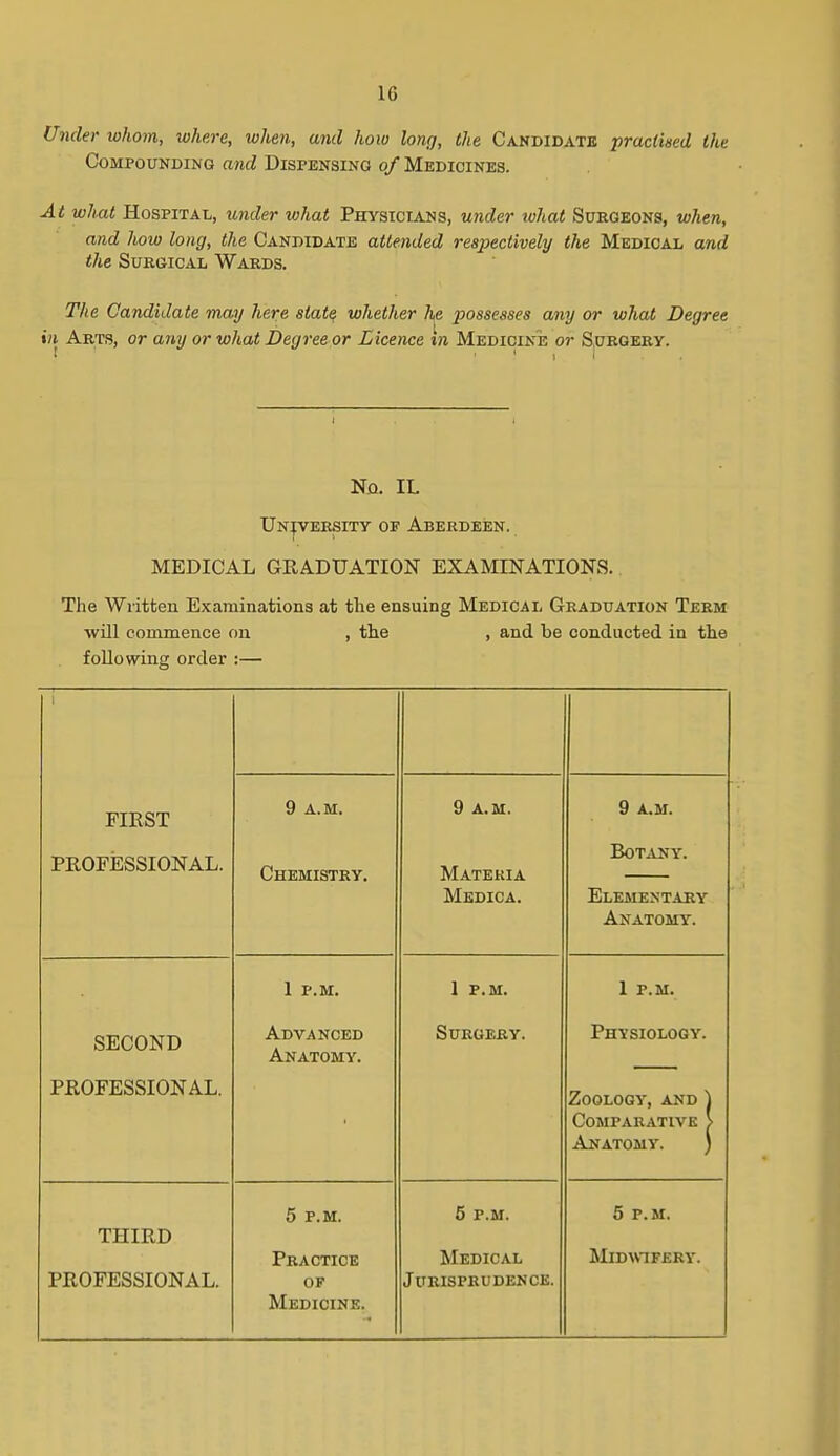 U7icler whom, where, when, and how long, the Candidate practined the Compounding and Dispensing of Medicines. At what Hospital, under what Physicians, under what Surgeons, when, and how long, the Candidate attended respectively the Medical and the Surgical Wards. Tlte Candidate may here state whether he possesses any or what Degree in Arts, or any or what Degree or Licence in Medicine or Surgery. No. IL University of Aberdeen. MEDICAL GRADUATION EXAMINATIONS. The Written Examinations at the ensuing Medical Graduation Term will commence on , the , and be conducted in the following order :— 1 FIRST PROFESSIONAL. 9 A.M. Chemistry. 9 a.m. Materia Medica. 9 A.M. Botany. Elementary Anatomy. SECOND PROFESSIONAL. 1 p.m. Advanced Anatomy. 1 P.M. Surgery. 1 P.M. Physiology. Zoology, and ^ Comparative > Anatomy. ) THIRD PROFESSIONAL. 5 P.M. Practice OF Medicine. 5 P.M. Medical Jurisprudence. 5 P.M. Midwifery.