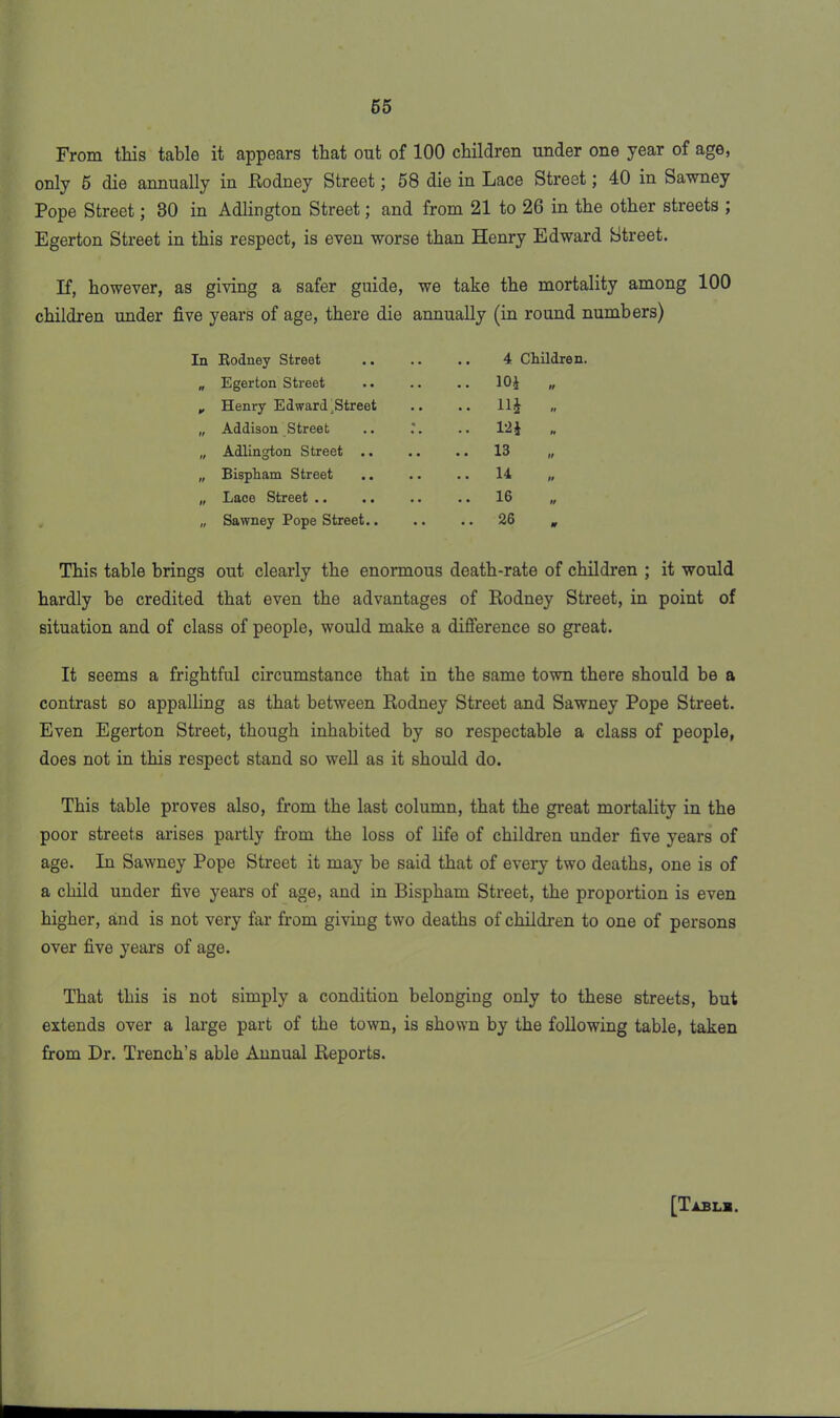 From this table it appears that out of 100 children under one year of age, only 5 die annually in Rodney Street; 58 die in Lace Street; 40 in Sawney Pope Street; 30 in Adlington Street; and from 21 to 26 in the other streets ; Egerton Street in this respect, is even worse than Henry Edward Street. If, however, as giving a safer guide, we take the mortality among 100 children under five years of age, there die annually (in round numbers) In Rodney Street .. 4 Children. It Egerton Street .. 10J „ V Henry Edward Street .. 1H » It Addison Street .. 124 H It Adlington Street .. • • 13 It Bispham Street .. U It Lace Street .. .. 16 It Sawney Pope Street.. • •26 This table brings out clearly the enormous death-rate of children ; it would hardly be credited that even the advantages of Rodney Street, in point of situation and of class of people, would make a difference so great. It seems a frightful circumstance that in the same town there should be a contrast so appalling as that between Rodney Street and Sawney Pope Street. Even Egerton Street, though inhabited by so respectable a class of people, does not in this respect stand so well as it should do. This table proves also, from the last column, that the great mortality in the poor streets arises partly from the loss of life of children under five years of age. In Sawney Pope Street it may be said that of every two deaths, one is of a child under five years of age, and in Bispham Street, the proportion is even higher, and is not very far from giving two deaths of children to one of persons over five years of age. That this is not simply a condition belonging only to these streets, but extends over a large part of the town, is shown by the following table, taken from Dr. Trench’s able Annual Reports.