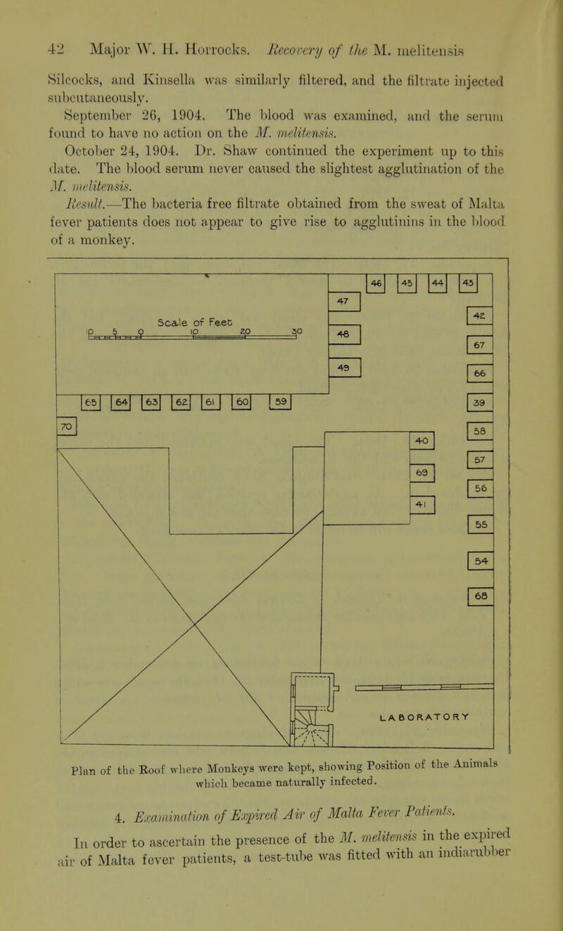 Silcocks, and Kiiisella was similarly filtered, and the filtrate injected subcutaneously. September 26, 1904. The blood was examined, and the serum found to have no action on the M. meUtensis, October 24, 1904. Dr. Shaw continued the experiment up to this date. The blood serum never caused the slightest agglutination of the J/, iiu'litensis. llesult.—The bacteria free filtrate obtained from the sweat of Malta fever patients does not appear to give rise to agglutinins in the l)lood of a monkey. Scale of Feec 47 4« 45 44 45 46 42 67 49 66 39 40 58 69 57 41 56 55 54 68 LABORATORY Plan of the Eoof wliere Monkeys were kept, showing Position of tlie Animals which became naturally infected. 4. ExaminaHon of Expired Air of Malta Fever Patient.^. In order to ascertain the presence of the ilf. melitensis in the expired air of Malta fever patients, a test-tube was fitted with an indiarubber