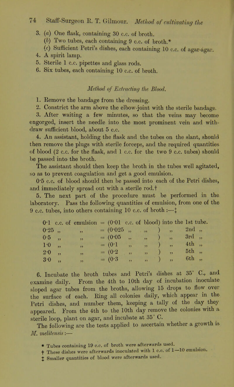 3. (a) One flask, containing 30 c.c. of broth. {b) Two tubes, each containing 9 c.c. of broth.* (6-) Sufficient Petri's dishes, each containing 10 c.c. of agar-agar. 4. A spirit lamp. 5. Sterile 1 c.c. pipettes and glass rods. 6. Six tubes, each containing 10 c.c. of broth. Method of Extracting the Blood. 1. Remove the bandage from the dressing. 2. Constrict the arm above the elbow-joint with the sterile bandage. 3. After waiting a few minutes, so that the veins may become engorged, insert the needle into the most prominent vein and with- draw sufficient blood, about 5 c.c. 4. An assistant, holding the flask and the tubes on the slant, should then remove the plugs with sterile forceps, and the required quantities of blood (2 c.c. for the flask, and 1 c.c. for the two 9 c.c. tubes) should be passed into the broth. The assistant should then keep the broth in the tubes well agitated, so as to prevent coagulation and get a good emulsion. 0'5 c.c. of blood should then be passed into each of the Petri dishes, and immediately spread out with a sterile rod.f 5. The next part of the procedure must be performed in the laboratory. Pass the following quantities of emulsion, from one of the 9 c.c. tubes, into others containing 10 c.c. of broth :—X 01 c.c. of emulsion 0-25 0- 5 1- 0 2- 0 30 JJ (0-01 c.c. of blood) into the 1st tube (0-025 „ „ ) „ 2nd (0-05 (0-1 (0-2 (0-3 JJ JJ ) ) ) ) J) J J 3rd 4th 5th 6th 6. Incubate the broth tubes and Petri's dishes at 35° C, and examine daily. From the 4th to 10th day of incubation inoculate sloped agar tubes from the broths, allowing 15 drops to flow over the surface of each. Ring all colonies daily, which appear in the Petri dishes, and number them, keeping a tally of the day they appeared. From the 4th to the 10th day remove the colonies with a sterile loop, plant on agar, and incubate at 35° C. The following are the tests applied to ascertain whether a growth is M. melitensis:— * Tubes containing 19 c.c. of broth were afterwards used. + These dishes were afterwards inoculated with 1 c.c. of 1- X Smaller quantities of blood were afterwards used. -10 emulsion.