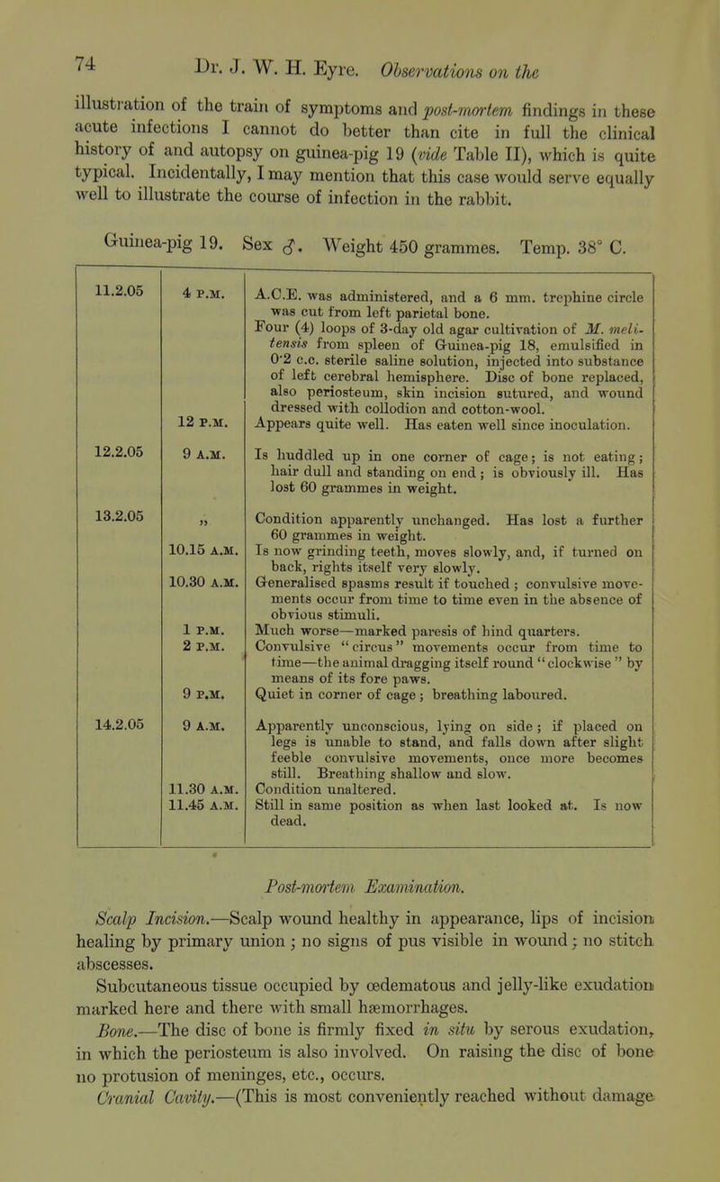 illustr ation of the train of symptoms and post-mortem findings in these acute infections I cannot do better than cite in full the clinical history of and autopsy on guinea-pig 19 {vide Table II), which is quite typical. Incidentally, I may mention that this case would serve equally well to illustrate the course of infection in the rabbit. Guinea-pig 19. Sex ^. Weight 450 grammes. Temp. 38° C. A.C.E. was administered, and a 6 mm. trephine circle ■was cut from left parietal bone. Four (4) loops of 3-day old agar cultivation of M. meli- tensis from spleen of Guinea-pig 18, emulsified in 0'2 CO. sterile saline solution, injected into substance of left cerebral hemisphere. Disc of bone replaced, also periosteum, skin incision sutured, and wound dressed with collodion and cotton-wool. Appears quite well. Has eaten well since inoculation. Is huddled up in one corner of cage; is not eating; hair dull and standing on end ; is obviously ill. Has lost 60 grammes in weight. Condition apparently unchanged. Has lost a further 60 grammes in weight. Is now grinding teeth, moves slowly, and, if turned on back, rights itself very slowly. Greneralised spasms result if touched ; convulsive move- ments occur from time to time even in the absence of obvious stimuli. Much worse—marked paresis of bind quarters. Convulsive  circus movements occur from time to time—the animal di-agging itself round  clockwise  by means of its fore paws. Quiet in corner of cage ; breathing laboiired. Apparently unconscious, lying on side ; if placed on legs is unable to stand, and falls down after slight feeble convulsive movements, once more becomes still. Breathing shallow and slow. Condition unaltered. Stni in same position as wlien last looked at. Is now dead. Post-moi'tem Examination. Scalp Incision.—Scalp wound healthy in appearance, lips of incision healing by primary union; no signs of pus visible in wound ; no stitch abscesses. Subcutaneous tissue occupied by cedematous and jelly-like exudation marked here and there with small haemorrhages. £one.—The disc of bone is firmly fixed in situ by serous exudation^ in which the periosteum is also involved. On raising the disc of bone no protusion of meninges, etc., occurs. Cranial Cavity.—(This is most conveniently reached without damage 11.2.05 4 P.M. 12 P.M. 12.2.05 9 A.M. 13.2.05 „ 10.15 A.M. 10.30 A.M. 1 P.M. 2 P.M. 9 P.M. 14.2.05 9 A.M. 11.30 A.M. 11.45 A.M.