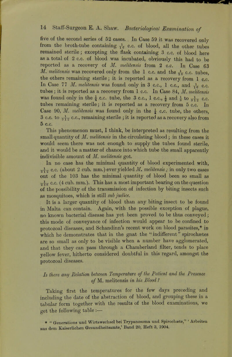 five of the second series of 52 cases. In Case 59 it was recovered only from the broth-tube containing c.c. of blood, all the other tubes remained sterile; excepting the flask containing 3 c.c. of blood here as a total of 2 c.c. of blood was incubated, obviously this had to be reported as a recovery of M. melitensis from 2 c.c. In Case 63 M. melitensis was recovered only from the 1 c.c. and the yV c.c. tubes, the others remaining sterile; it is reported as a recovery from 1 c.c. In Case 77 M. melitensis was found only in 3 c.c, 1 c.c, and -^^ c.c. tubes; it is reported as a recovery from 1 c.c. In Case 84, M. melitensis was found only in the \ c.c. tube, the 3 c.c, 1 c.c, ^ and \ to c.c tubes remaining sterile; it is reported as a recovery from 5 c.c. In Case 90, M. m^elitensis was found only in the ^ c.c. tube, the others, 3 c.c to -5Y2- c.c, remaining sterile ; it is reported as a recovery also from 5 c.c This phenomenon must, I think, be interpreted as resulting from the small quantity of M. melitensis in the circulating blood; in these cases it would seem there was not enough to supply the tubes found sterile, and it would be a matter of chance into which tube the small apparently indivisible amount of M. melitensis got. In no case has the minimal quantity of blood experimented with, c.c. (about 2 cub. mm.) ever yielded ilf. melitensis ; in only two cases out of the 103 has the minimal quantity of blood been so small as 2X6^ c.c (4 cub. mm.). This has a most important bearing on the question of the possibility of the transmission of infection by biting insects such as mosquitoes, which is still sub judice. It is a larger quantity of blood than any biting insect to be found in Malta can contain. Again, with the possible exception of plague, no known bacterial disease has yet been proved to be thus conveyed; this mode of conveyance of infection would appear to be confined to protozoal diseases, and Schandinn's recent work on blood parasites,* in which he demonstrates that in the gnat the  indiflferent spirochsetes are so small as only to be visible when a number have agglomerated, and that they can pass through a Chamber land filter, tends to place yellow fever, hitherto considered doubtful in this regard, amongst the protozoal diseases. Is there any Relation between Temperature of the Patient and the Presence of M. melitensis in his Blood ? Taking first the temperatures for the few days preceding and including the date of the abstraction of blood, and grouping these in a tabular form together with the results of the blood examinations, we get the following table :— *  Generations und Wirtsweclisel bei Trypanosoma und Spirochssfce, ' Arbeiten Ls dem Kaiserlichen G-esundheitsamte,' Band 20, Heft 3, 1904.