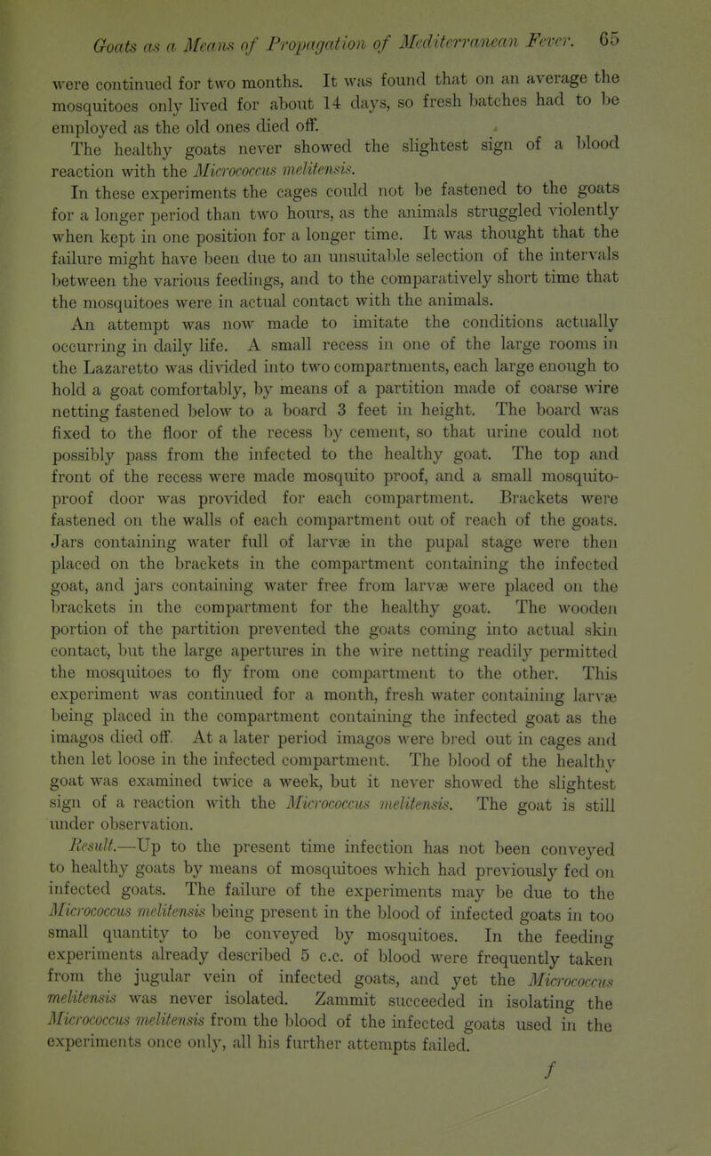 M-ere continued for two months. It was found that on an average the mosquitoes only lived for about U days, so fresh batches had to be employed as the old ones died off. The healthy goats never showed the slightest sign of a blood reaction with the Micrococcus melitensi^. In these experiments the cages could not be fastened to the goats for a longer period than two hours, as the animals struggled violently when kept in one position for a longer time. It was thought that the failure might have been due to an unsuita1)le selection of the intervals between the various feedings, and to the comparatively short time that the mosquitoes were in actual contact with the animals. An attempt was now made to imitate the conditions actually occurring in daily life. A small recess in one of the large rooms in the Lazaretto was divided into two compartments, each large enough to hold a goat comfortably, b}' means of a partition made of coarse wire netting fastened below to a board 3 feet in height. The board was fixed to the floor of the recess by cement, so that urine could not possibly pass from the infected to the healthy goat. The top and front of the recess were made mosquito proof, and a small mosquito- proof door was provided for each compartment. Brackets were fastened on the walls of each compartment out of reach of the goats. Jars containing Avater full of larvae in the pupal stage were then placed on the brackets in the compartment containing the infected goat, and jars containing water free from larvae were placed on the brackets in the compartment for the healthy goat. The wooden portion of the partition prevented the goats coming into actual skin contact, but the large apertures in the wire netting readily permitted the mosquitoes to fly from one compartment to the other. This experiment was continued for a month, fresh water containing larvae being placed in the compartment containing the infected goat as the imagos died off. At a later period imagos were bred out in cages and then let loose in the infected compartment. The blood of the healthy goat was examined twice a week, but it never showed the slightest sign of a reaction with the Micrococcus melitensis. The goat is still under observation. liesult.—Up to the present time infection has not been conveyed to healthy goats by means of mosquitoes which had previously fed on infected goats. The failure of the experiments may be due to the Micrococcus melitensis being present in the blood of infected goats in too small quantity to be conveyed by mosquitoes. In the feeding experiments already described 5 c.c. of blood were frequently taken from the jugular vein of infected goats, and yet the Micrococcus^ melitensis was never isolated. Zammit succeeded in isolating the Micrococcus melitensis from the blood of the infected goats used in the experiments once only, all his further attempts failed. /