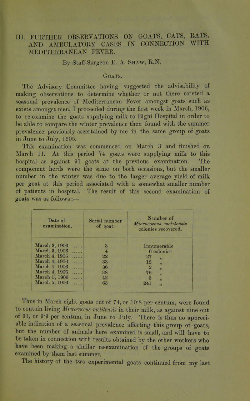 AND AMBULATORY CASES IN CONNECTION WITH MEDITERRANEAN FEVER. By Staff-Surgeon E. A. Shaw, R.N. Goats. The Advisory Committee having suggested the advisability of making observations to determine whether or not there existed a seasonal prevalence of Mediterranean Fever amongst goats such as exists amongst men, I proceeded during the first week in March, 1906, to re-examine the goats supplying milk to Bighi Hospital in order to be able to compare the winter prevalence then found with the summer prevalence previously ascertained by me in the same group of goats in June to July, 1905. This examination was commenced on March 3 and finished on March 11, At this period 74 goats were supplying milk to this hospital as against 91 goats at the previous examination. The component herds were the same on both occasions, but the smaller number in the winter was due to the larger average yield of milk per goat at this period associated with a somewhat smaller number of patients in hospital. The result of this second examination of goats was as follows :— Date of examination. Serial number of goat. N umber of Micrococcus melitensis colonies recovered. March 3, 1906 3 Innumerable March 3, 1906 4 6 colonies March 4, 1906 22 27 „ March 4, 1906 33 12 „ March 4, 1906 36 2 „ March 4, 1906 38 76 „ March 5, 1906 42 3 „ March 5, 1906 63 241 „ Thus in March eight goats out of 74, or 10-8 per centum, were found to contain living Micrococcus melitensis in their milk, as against nine out of 91, or 9-9 per centum, in June to July. There is thus no appreci- able indication of a seasonal prevalence affecting this group of goats, but the number of animals here examined is small, and will have to be taken in connection with results obtained by the other workers who have been making a similar re-examination of the groups of goats examined by them last summer. The history of the two experimental goats continued from my last