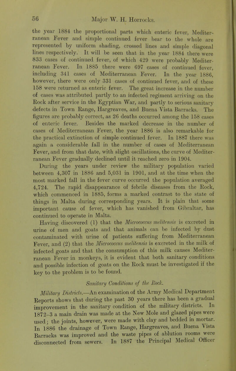 the year 1884 the proportional parts which enteric fever, Mediter- ranean Fever and simple continued fever Ijear to the whole are represented by uniform shading, crossed lines and simple diagonal lines respectively. It will be seen that in the year 1884 there were 833 cases of continued fever, of which 429 were probably Mediter- ranean Fever. In 1885 there were 697 cases of continued fever, including 341 cases of Mediterranean Fever. In the year 1886, however, there were only 331 cases of continued fever, and of these 158 were returned as enteric fever. The great increase in the number of cases was attributed partly to an infected regiment arriving on the Rock after service in the Egyptian War, and partly to serious sanitary defects in Town Range, Hargreaves, and Buena Vista Barracks. The figures are probably correct, as 26 deaths occurred among the 158 cases of enteric fever. Besides the marked decrease in the numbei' of cases of Mediterranean Fever, the year 1886 is also remarkable for the practical extinction of simple continued fever. In 1887 there was again a considerable fall in the number of cases of Mediterranean Fever, and from that date, Math slight oscillations, the curve of Mediter- ranean Fever gradually declined until it reached zero in 1904. During the years under review the military population varied between 4,307 in 1886 and 5,031 in 1901, and at the time when the most marked fall in the fever curve occurred the population averaged 4,724. The rapid disappearance of febrile diseases from the Rock, which commenced in 1885, forms a marked contrast to the state of things in Malta during corresponding years. It is plain that some important cause of fever, which has vanished from Gibraltar, has continued to operate in Malta. Having discovered (1) that the Micrococcus meUtensis is excreted in urine of men and goats and that animals can be infected by dust contaminated with urine of patients suffering from Mediterranean Fever, and (2) that the Micrococcus meUtensis is excreted in the milk of infected goats and that the consumption of this milk causes Mediter- ranean Fever in monkeys, it is evident that both sanitary conditions and possible infection of goats on the Rock must be investigated if the key to the problem is to be found. Sanitary Conditions of the Rock. Military Districts.—An examination of the Army Medical Department Reports shows that during the past 30 years there has been a gradual improvement in the sanitary condition of the military districts. In 1872-3 a main drain was made at the New Mole and glazed pipes were usedj the joints, however, were made with clay and bedded in mortar. In 1886 the drainage of Town Range, Hargreaves, and Buena Vista Barracks was improved and the waste pipes of ablution rooms were disconnected from sewers. In 1887 the Principal Medical Officer