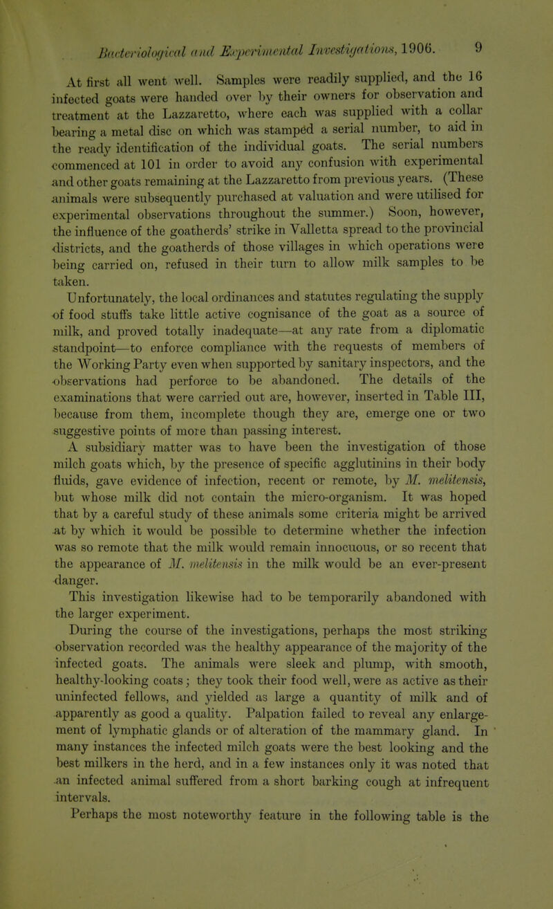 At first all went well. Samples were readily supplied, and the 16 infected goats were handed over by their owners for observation and treatment at the Lazzaretto, where each was supplied with a collar bearing a metal disc on which was stamped a serial number, to aid in the ready identification of the individual goats. The serial numbers commenced at 101 in order to avoid any confusion with experimental and other goats remaining at the Lazzaretto from previous years. (These animals were subsequently purchased at valuation and were utilised for experimental observations throughout the summer.) Soon, however, the influence of the goatherds' strike in Valletta spread to the provincial districts, and the goatherds of those villages in which operations were being carried on, refused in their turn to allow milk samples to be taken. Unfortunately, the local ordinances and statutes regulating the supply •of food stuffs take little active cognisance of the goat as a source of milk, and proved totally inadequate—at any rate from a diplomatic standpoint—to enforce compliance with the requests of members of the Working Party even when supported by sanitary inspectors, and the ■observations had perforce to be abandoned. The details of the examinations that were carried out are, hoAvever, inserted in Table III, because from them, incomplete though they are, emerge one or two suggestive points of more than passing interest. A subsidiary matter was to have been the investigation of those milch goats which, by the presence of specific agglutinins in their body fluids, gave evidence of infection, recent or remote, by M. melitensis, but whose milk did not contain the micro-organism. It was hoped that by a careful study of these animals some criteria might be arrived at by which it would be possible to determine whether the infection was so remote that the milk would remain innocuous, or so recent that the appearance of M. melitensis in the milk would be an ever-present danger. This investigation likewise had to be temporarily abandoned with the larger experiment. During the course of the investigations, perhaps the most striking observation recorded was the healthy appearance of the majority of the infected goats. The animals were sleek and plump, with smooth, healthy-looking coats; they took their food well, were as active as their uninfected fellows, and yielded as large a quantity of milk and of apparently as good a quality. Palpation failed to reveal any enlarge- ment of lymphatic glands or of alteration of the mammary gland. In many instances the infected milch goats were the best looking and the best milkers in the herd, and in a few instances only it was noted that an infected animal suffered from a short barking cough at infrequent intervals. Perhaps the most noteworthy feature in the following table is the
