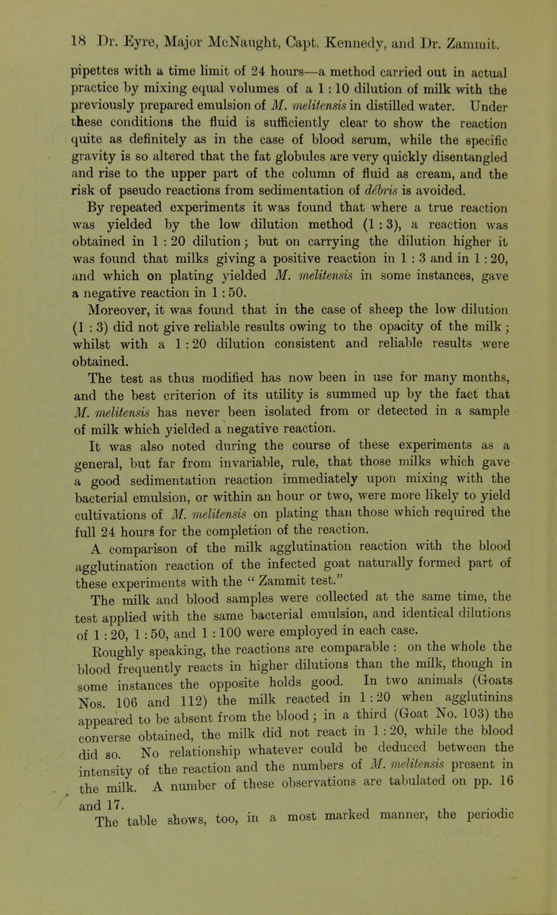 pipettes with a time limit of 24 hours—a method carried out in actual practice by mixing equal volumes of a 1:10 dilution of milk with the previously prepared emulsion of M. 'imlitensis in distilled water. Undei- these conditions the fluid is sufficiently clear to show the reaction quite as definitely as in the case of blood serum, while the specific gravity is so altered that the fat globules are very quickly disentangled and rise to the upper part of the column of fluid as cream, and the risk of pseudo reactions from sedimentation of dSbrk is avoided. By repeated experiments it was found that where a true reaction was yielded by the low dilution method (1 :3), a reaction was obtained in 1 : 20 dilution; but on carrying the dilution higher it was found that milks giving a positive reaction in 1 : 3 and in 1:20, and which on plating yielded M. melitensis in some instances, gave a negative reaction in 1 : 50. Moreover, it was found that in the case of sheep the low dilution (1:3) did not give reliable results owing to the opacity of the milk ; whilst with a 1 :20 dilution consistent and reliable results were obtained. The test as thus modified has now been in use for many months, and the best criterion of its utility is summed up by the fact that M. iiieUtensis has never been isolated from or detected in a sample of milk which yielded a negative reaction. It was also noted during the course of these experiments as a general, but far from invariable, rule, that those milks which gave a good sedimentation reaction immediately upon mixing with the bacterial emulsion, or within an hour or two, were more likely to yield cultivations of M. nulitensis on plating than those which required the full 24 hours for the completion of the reaction. A comparison of the milk agglutination reaction with the blood agglutination reaction of the infected goat naturally formed part of these experiments with the  Zammit test. The milk and blood samples were collected at the same time, the test applied with the same bacterial emulsion, and identical dilutions of 1 :20, 1:50, and 1 :100 were employed in each case. Roughly speaking, the reactions are comparable : on the whole the blood frequently reacts in higher dilutions than the milk, though in some instances the opposite holds good. In two animals (Goats Nos. 106 and 112) the milk reacted in 1:20 when agglutinins appeared to be absent from the blood; in a third (Goat No. 103) the converse obtained, the milk did not react in 1 :20, while the blood did so No relationship whatever could be deduced between the intensity of the reaction and the numbers of M. melitensis present in the milk. A number of these observations are tabulated on pp. 16 ^^ThJ* table shows, too, in a most marked manner, the periodic