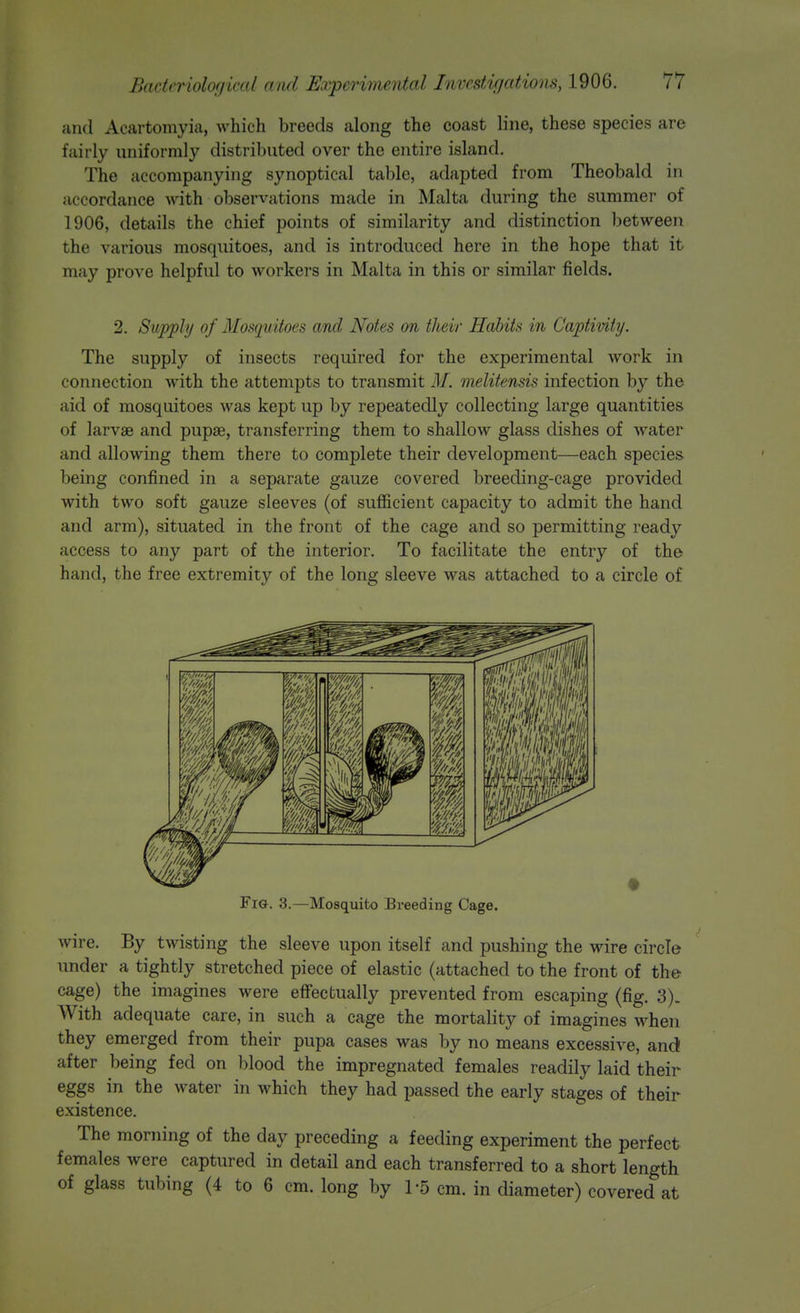 and Acartomyia, which breeds along the coast line, these species are fairly uniformly distributed over the entire island. The accompanying synoptical table, adapted from Theobald in accordance with observations made in Malta during the summer of 1906, details the chief points of similarity and distinction between the various mosquitoes, and is introduced here in the hope that it may prove helpful to workers in Malta in this or similar fields. 2. Supply of Mosquitoes and Notes on their Habits in Captivity. The supply of insects required for the experimental work in connection with the attempts to transmit 31. melitensis infection by the aid of mosquitoes was kept up by repeatedly collecting large quantities of larvae and pupse, transferring them to shallow glass dishes of water and allowing them there to complete their development—each species being confined in a separate gauze covered breeding-cage provided with two soft gauze sleeves (of sufficient capacity to admit the hand and arm), situated in the front of the cage and so permitting ready access to any part of the interior. To facilitate the entry of the hand, the free extremity of the long sleeve was attached to a circle of wire. By twisting the sleeve upon itself and pushing the wire circle under a tightly stretched piece of elastic (attached to the front of the cage) the imagines were effectually prevented from escaping (fig. 3). With adequate care, in such a cage the mortality of imagines when they emerged from their pupa cases was by no means excessive, and after being fed on blood the impregnated females readily laid their eggs in the water in which they had passed the early stages of their existence. The morning of the day preceding a feeding experiment the perfect females were captured in detail and each transferred to a short length of glass tubing (4 to 6 cm. long by 1-5 cm. in diameter) covered at