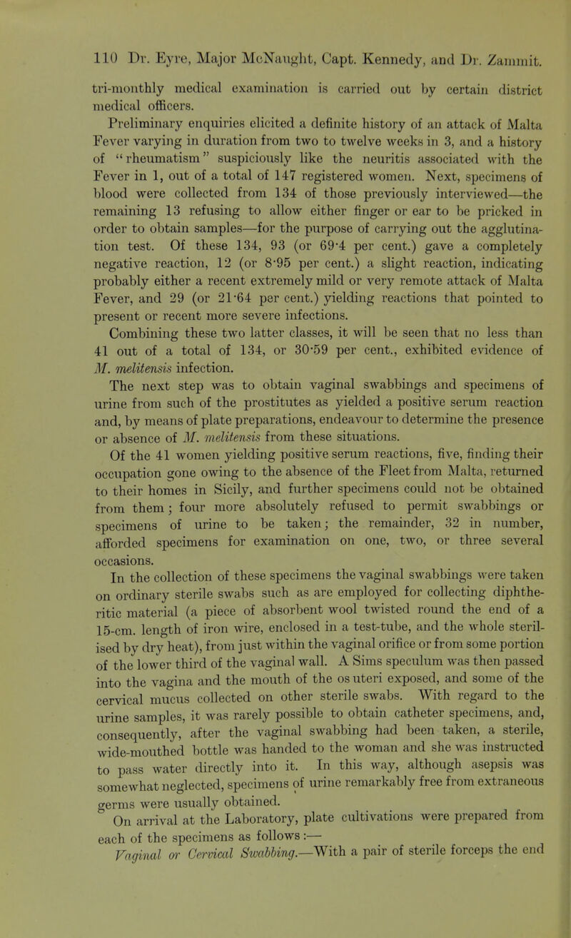 tri-monthly medical examination is carried out by certain district medical officers. Preliminary enquiries elicited a definite history of an attack of Malta Fever varying in duration from two to twelve weeks in 3, and a history of  rheumatism suspiciously like the neuritis associated with the Fever in 1, out of a total of 147 registered women. Next, specimens of blood were collected from 134 of those previously interviewed—the remaining 13 refusing to allow either finger or ear to be pricked in order to obtain samples—for the purpose of carrying out the agglutina- tion test. Of these 134, 93 (or 69*4 per cent.) gave a completely negative reaction, 12 (or 8*95 per cent.) a slight reaction, indicating probably either a recent extremely mild or very remote attack of Malta Fever, and 29 (or 21*64 per cent.) yielding reactions that pointed to present or recent more severe infections. Combining these two latter classes, it will be seen that no less than 41 out of a total of 134, or 3059 per cent., exhibited evidence of M. melitensis infection. The next step was to obtain vaginal swabbings and specimens of urine from such of the prostitutes as yielded a positive serum reaction and, by means of plate preparations, endeavour to determine the presence or absence of M. melitensis from these situations. Of the 41 women yielding positive serum reactions, five, finding their occupation gone owing to the absence of the Fleet from Malta, returned to their homes in Sicily, and further specimens could not be obtained from them; four more absolutely refused to permit swabbings or specimens of urine to be taken; the remainder, 32 in number, afforded specimens for examination on one, two, or three several occasions. In the collection of these specimens the vaginal swabbings were taken on ordinary sterile swabs such as are employed for collecting diphthe- ritic material (a piece of absorbent wool twisted round the end of a 15-cm. length of iron wire, enclosed in a test-tube, and the whole steril- ised by dry heat), from just within the vaginal orifice or from some portion of the lower third of the vaginal wall. A Sims speculum was then passed into the vagina and the mouth of the os uteri exposed, and some of the cervical mucus collected on other sterile swabs. With regard to the urine samples, it was rarely possible to obtain catheter specimens, and, consequently, after the vaginal swabbing had been taken, a sterile, wide-mouthed bottle was handed to the woman and she was instructed to pass water directly into it. In this way, although asepsis was somewhat neglected, specimens of urine remarkably free from extraneous germs were usually obtained. On arrival at the Laboratory, plate cultivations were prepared from each of the specimens as follows:— Vaginal or Cervical Swabbing.—With a pair of sterile forceps the end