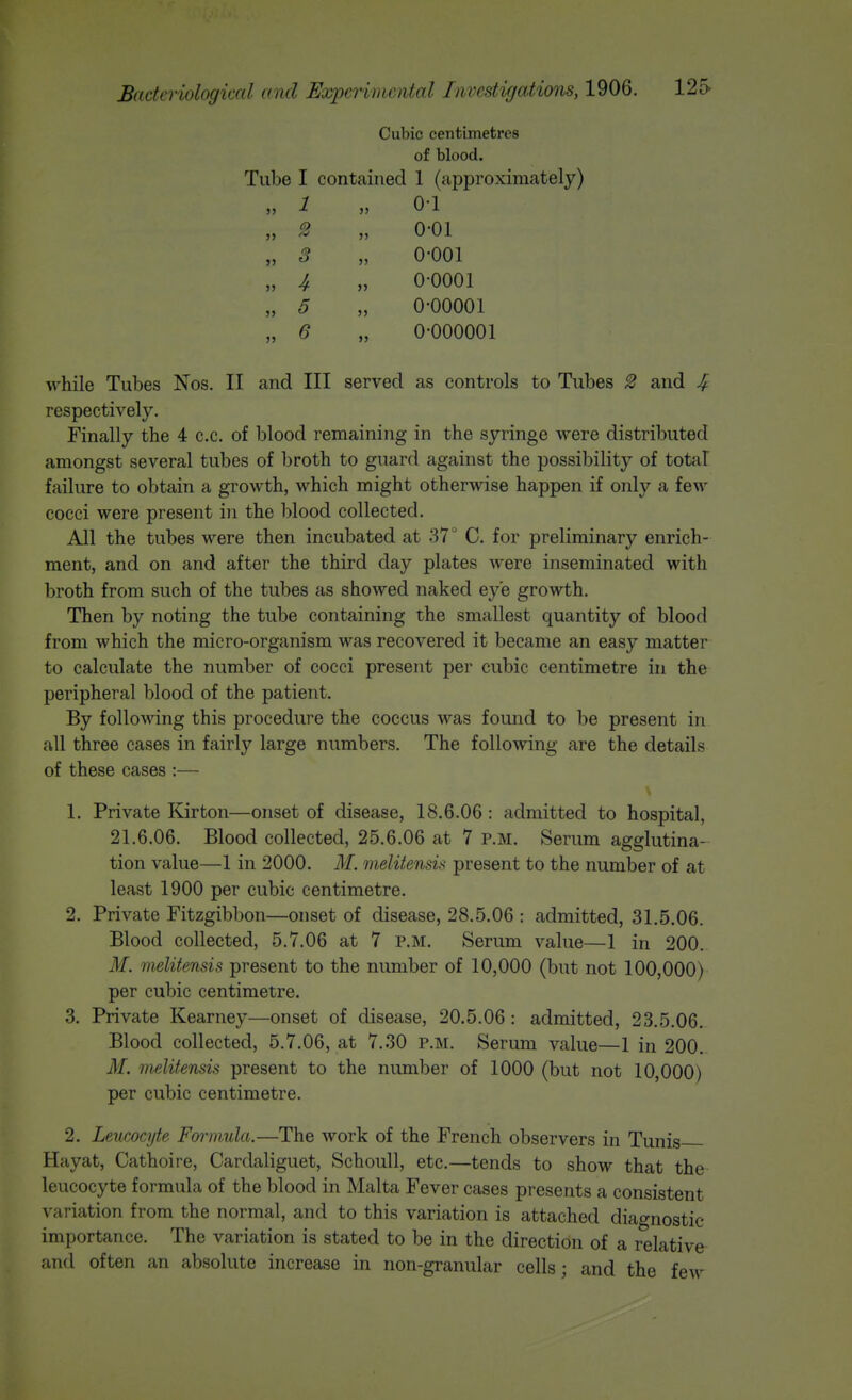 Cubic centimetres of blood. Tube I contained 1 (approximately) „ 1 „ 0-1 „ 3 „ 0-01 „ 3 „ 0-001 „ 4 „ 0-0001 „ 5 „ 0-00001 „ 6 „ 0-000001 Avhile Tubes Nos. II and III served as controls to Tubes 2 and 4 respectively. Finally the 4 c.c. of blood remaining in the syringe were distributed amongst several tubes of broth to guard against the possibility of total failure to obtain a growth, which might otherwise happen if only a few cocci were present in the l)lood collected. All the tubes were then incubated at 37° C. for preliminary enrich- ment, and on and after the third day plates were inseminated with broth from such of the tubes as showed naked eye growth. Then by noting the tube containing the smallest quantity of blood from which the micro-organism was recovered it became an easy matter to calculate the number of cocci present per cubic centimetre in the peripheral blood of the patient. By following this procedure the coccus was found to be present in all three cases in fairly large numbers. The following are the details of these cases :— 1. Private Kirton—onset of disease, 18.6.06 : admitted to hospital, 21.6.06. Blood collected, 25.6.06 at 7 p.m. Serum agglutina- tion value—1 in 2000. M. mditensis present to the number of at least 1900 per cubic centimetre. 2. Private Fitzgibbon—onset of disease, 28.5.06 : admitted, 31.5.06. Blood collected, 5.7.06 at 7 p.m. Serum value—1 in 200. M. melitensis present to the number of 10,000 (but not 100,000) per cubic centimetre. 3. Private Kearney—onset of disease, 20.5.06: admitted, 23.5.06. Blood collected, 5.7.06, at 7.30 p.m. Serum value—1 in 200. M. melitensis present to the number of 1000 (but not 10,000) per cubic centimetre. 2. Leucocyte Formula.—The work of the French observers in Tunis Hayat, Cathoire, Cardaliguet, Schoull, etc.—tends to show that the leucocyte formula of the blood in Malta Fever cases presents a consistent variation from the normal, and to this variation is attached diao'nostic importance. The variation is stated to be in the direction of a relative and often an absolute increase in non-granular cells; and the few