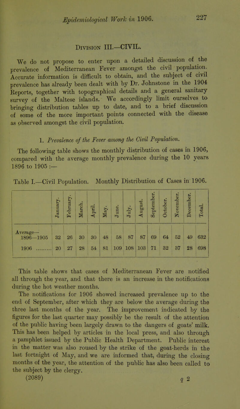 Division III.—CIVIL. We do not propose to enter upon a detailed discussion of the prevalence of Mediterranean Fever amongst the civil population. Accurate information is difficult to obtain, and the subject of civil prevalence has already been dealt with by Dr. Johnstone in the 1904 Reports, together with topographical details and a general sanitary survey of the Maltese islands. We accordingly limit ourselves to bringing distribution tables up to date, and to a brief discussion of some of the more important points connected with the disease as observed amongst the civil population. 1. Prevalence of the Fever among the Civil Papulation. The following table shows the monthly distribution of cases in 1906, compared with the average monthly prevalence during the 10 years 1896 to 1905 :— Table I.—Civil Population. Monthly Distribution of Cases in 1906. January. February. March. 4 «« May. June. July. August. September. October. November. December. Total. Average— 87 87 1896—1905 32 26 30 30 48 58 69 64 52 49 632 | 1906 20 27 28 54 81 109 108 103 71 32 37 28 698 This table shows that cases of Mediterranean Fever are notified all through the year, and that there is an increase in the notifications during the hot weather months. The notifications for 1906 showed increased prevalence up to the end of September, after which they are below the average during the three last months of the year. The improvement indicated by the figures for the last quarter may possibly be the result of the attention of the public having been largely drawn to the dangers of goats' milk. This has been helped by articles in the local press, and also through a pamphlet issued by the Public Health Department. Public interest in the matter was also roused by the strike of the goat-herds in the last fortnight of May, and we are informed that, during the closing months of the year, the attention of the public has also been called to the subject by the clergy. (2089) q 2