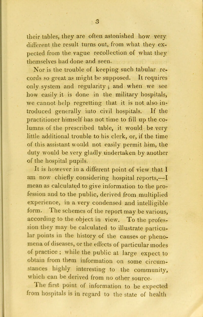 their tables, they are often astonished how very different the result turns out, from what they ex- pected from the vague recollection of what they themselves had done and seen. Nor is the trouble of keeping such tabular re- cords so great as might be supposed. It requires only system and regularity ; and when we see how easily it is done in the military hospitals, we cannot help regretting that it is not also in- troduced generally into civil hospitals. If the practitioner himself has not time to fill up the co- lumns of the prescribed table, it would be very little additional trouble to his clerk, or, if the time of this assistant would not easily permit him, the duty would be very gladly undertaken by another of the hospital pupils. It is however in a different point of view that I am now chiefly considering hospital reports,—I mean as calculated to give information to the pro- fession and to the public, derived from multiplied experience, in a very condensed and intelligible form. The schemes of the report may be various, according to the object in view. To the profes- sion they may be calculated to illustrate particu- lar points in the history of the causes or pheno- mena of diseases, or the effects of particular modes of practice ; while the public at large expect to obtain from them information on some circum- stances highly interesting to the community, which can be derived from no other source- The first point of information to be expected from hospitals is in regard to the state of health