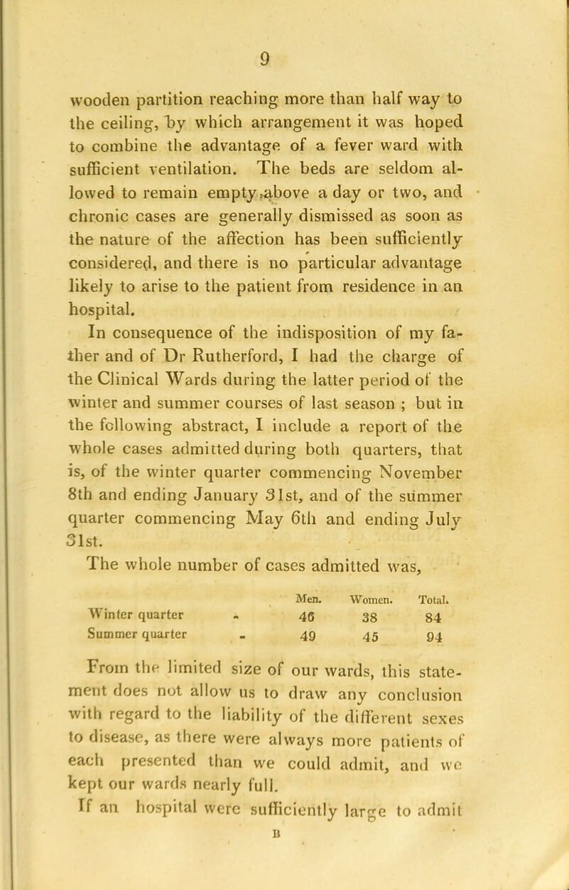 wooden partition reaching more than half way to the ceiling, by which arrangement it was hoped to combine the advantage of a fever ward with sufficient ventilation. The beds are seldom al- lowed to remain empty,above a day or two, and chronic cases are generally dismissed as soon as the nature of the affection has been sufficiently considered, and there is no particular advantage likely to arise to the patient from residence in an hospital. In consequence of the indisposition of my fa- ther and of Dr Rutherford, I had the charge of the Clinical Wards during the latter period of the winter and summer courses of last season ; but in the following abstract, I include a report of the whole cases admitted during both quarters, that is, of the winter quarter commencing November 8th and ending January 31st, and of the summer quarter commencing May 6th and ending July 31st. The whole number of cases admitted was, Men. Women. Total. Winter quarter - 40 38 84 Summer quarter . 49 45 From the limited size of our wards, this state- ment does not allow us to draw any conclusion with regard to the liability of the different sexes to disease, as there were always more patients of each presented than we could admit, and we kept our wards nearly full. If an hospital were sufficiently large to admit B