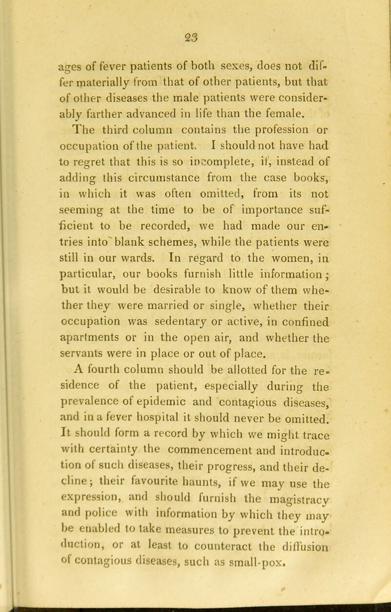 ages of fever patients of both sexes, does not dif- fer materially from that of other patients, but that of other diseases the male patients were consider- ably farther advanced in life than the female. The third column contains the profession or occupation of the patient. I should not have had to regret that this is so incomplete, if, instead of adding this circumstance from the case books, in which it was often omitted, from its not seeming at the time to be of importance suf- ficient to be recorded, we had made our en- tries into' blank schemes, while the patients were still in our wards. In regard to the women, in particular, our books furnish little information; but it would be desirable to know of them whe- ther they were married or single, whether their occupation was sedentary or active, in confined apartments or in the open air, and whether the servants were in place or out of place. A fourth column should be allotted for the re- sidence of the patient, especially during the prevalence of epidemic and contagious diseases, and in a fever hospital it should never be omitted. It should form a record by which we might trace with certainty the commencement and introduc- tion of such diseases, their progress, and their de- cline; their favourite haunts, if we may use the expression, and should furnish the magistracy and police with information by which they may be enabled to take measures to prevent the intro- duction, or at least to counteract the diffusion of contagious diseases, such as small-pox.