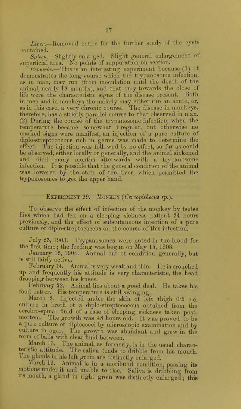 Liver.—Removed entire for the further study of the cysts contained. Spleen.— Slightly enlarged. Slight general enlargement of superficial area. No points of suppuration on section. Remarks.—This is an interesting experiment because (1) It demonstrates the long course which the trypanosoma infection, as in man, may run (from inoculation until the death of the animal, nearly 18 months), and that only towards the close of life were the characteristic signs of the disease present. Both in men and in monkeys the malady may either run an acute, or, as in this case, a very chronic course. The disease in monkeys, therefore, has a strictly parallel course to that observed in man. (2) During the course of the trypanosome infection, when the temperature became somewhat irregular, but otherwise no marked signs were manifest, an injection of a pure culture of diplo-streptococcus rich in germs was made to determine the effect. The injection was followed by no effect, so far as could be observed, either locally or generally, and the anhnal sickened and died many months afterwards with a trypanosome infection. It is possible that the general condition of the animal was lowered by the state of the liver, which permitted the trypanosomes to get the upper hand. Experiment 99. Monkey (Cercopithecus sp.). To observe the effect of infection of the monkey by tsetse flies which had fed on a sleeping sickness patient 24 hours previously, and the effect of subcutaneous injection of a pure culture of diplo-streptococcus on the course of this infection. July 23, 1903. Trypanosomes were noted in the blood for the first time; the feeding was begun on May 15, 1903. January 15, 1904. Animal out of condition generally, but is still fairly active. February 14. Animal is very weak and thin. He is crouched up and frequently his attitude is very characteristic, the head drooping between his knees. February 22. Animal lies about a good deal. He takes his food better. His temperature is still swinging. March 2. Injected under the skin of left thigh 0-5 c.c. culture in broth of a diplo-streptococcus obtained from the cerebro-spinal fluid of a case of sleeping sickness taken post- mortem. The growth was 48 hours old. It was proved to be a pure culture of diplococci by microscopic examination and by culture in agar. The growth was abundant and grew in the form of balls with clear fluid between. March 13. The animal, as formerly, is in the usual charac- teristic attitude. The saliva tends to dribble from his mouth. The glands in his left groin are distinctly enlarged. March 19. Animal is in a moribund condition, passing its motions under it and unable to rise. Saliva is dribbling from its mouth, a gland in right groin was distinctly enlarged; this