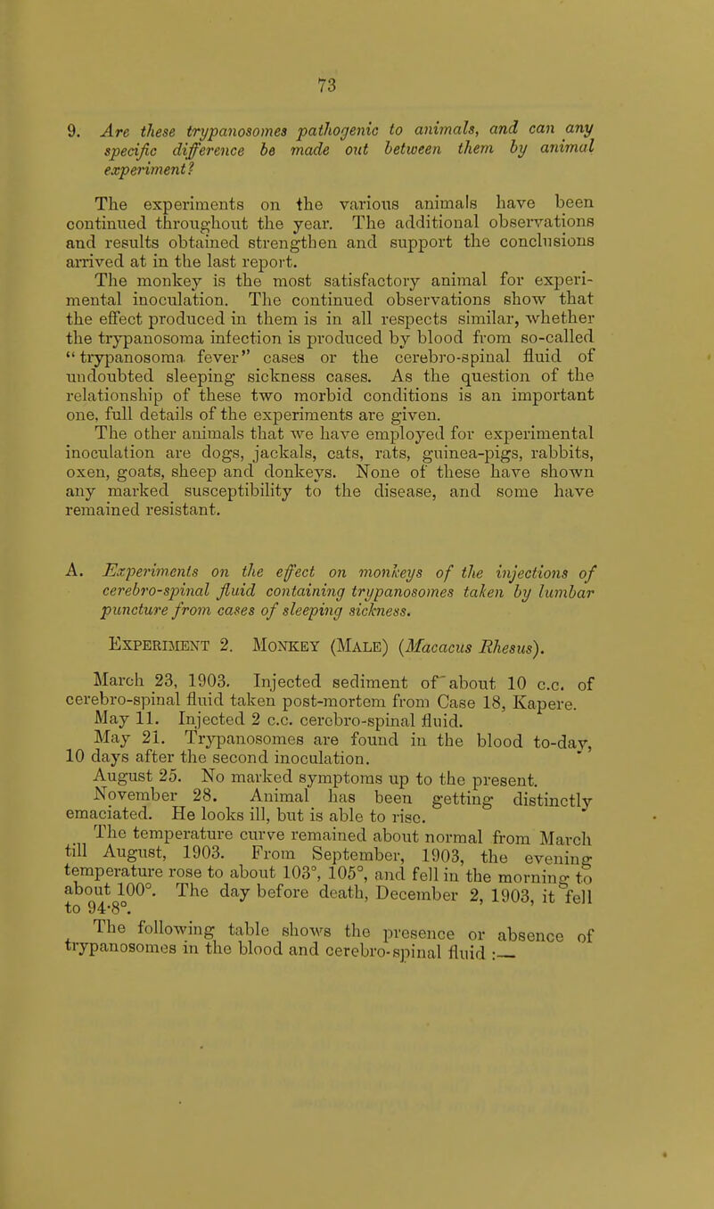 9. Are these trypanosomes pathogenic to animals, and can any specific difference be made out between them by animal experiment? The experiments on the various animals have been continued throughout the year. The additional observations and results obtained strengthen and support the conclusions arrived at in the last report. The monkey is the most satisfactory animal for experi- mental inoculation. The continued observations show that the effect produced in them is in all respects similar, whether the trypanosoma infection is produced by blood from so-called  trypanosoma fever cases or the cerebro-spinal fluid of undoubted sleeping sickness cases. As the question of the relationship of these two morbid conditions is an important one, full details of the experiments are given. The other animals that we have employed for experimental inoculation are dogs, jackals, cats, rats, gninea-pigs, rabbits, oxen, goats, sheep and donkeys. None of these have shown any marked susceptibility to the disease, and some have remained resistant. A. Experiments on the effect on monkeys of the injections of cerebro-spinal fluid containing trypanosomes taken by lumbar puncture from cases of sleeping sickness. Experiment 2. Monkey (Male) {Macacus Rhesus). March 23, 1903. Injected sediment of about 10 c.c. of cerebro-spinal fluid taken post-mortem from Case 18, Kapere. May 11. Injected 2 c.c. cerebro-spinal fluid. May 21. Trypanosomes are found in the blood to-day, 10 days after the second inoculation. August 25. No marked symptoms up to the present. November 28. Animal has been getting distinctly emaciated. He looks ill, but is able to rise. The temperature curve remained about normal from March till August, 1903. From September, 1903, the evenim>- temperature rose to about 103°, 105°, and fell in the morning to about 100°. The day before death, December 2, 1903, it fell to 94*8°. The following table shows the presence or absence of trypanosomes in the blood and cerebro-spinal fluid :—