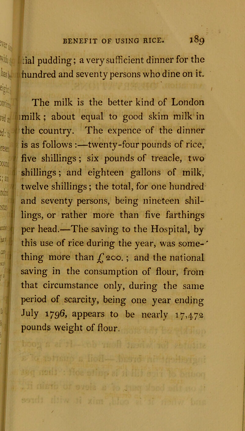dal pudding; a very sufficient dinner for the hundred and seventy persons who dine on it. The milk is the better kind of London milk; about equal to good skim milk in the country. The expence of the dinner is as follows :—twenty-four pounds of rice, five shillings; six pounds of treacle, two shillings; and eighteen gallons of milk, twelve shillings; the total, for one hundred and seventy persons, being nineteen shil- lings, or rather more than five farthings per head.—The saving to the Hospital, by this use of rice during the year, was some-' thing more than £200.; and the national saving in the consumption of flour, from that circumstance only, during the same period of scarcity, being one year ending July 1796, appears to be nearly 17,472 pound? weight of flour.