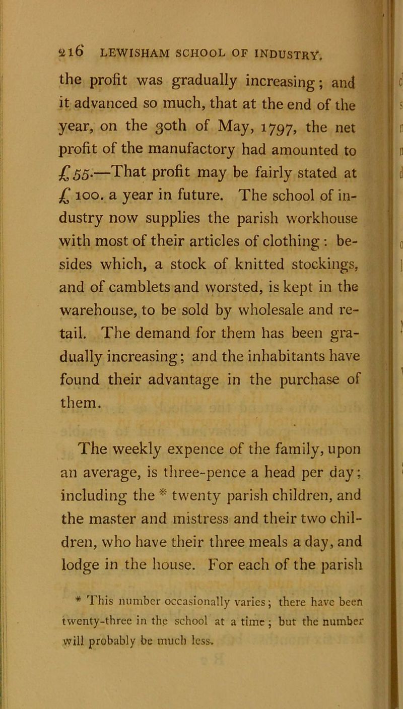 the profit was gradually increasing; and it advanced so much, that at the end of the year, on the 30th of May, 1797, the net profit of the manufactory had amounted to £35.—That profit may be fairly stated at £ 100. a year in future. The school of in- dustry now supplies the parish workhouse with most of their articles of clothing : be- sides which, a stock of knitted stockings, and of camblets and worsted, is kept in the warehouse, to be sold by wholesale and re- tail. The demand for them has been gra- dually increasing; and the inhabitants have found their advantage in the purchase of them. The weekly expence of the family, upon an average, is three-pence a head per day; including the * twenty parish children, and the master and mistress and their two chil- dren, who have their three meals a day, and lodge in the house. For each of the parish * This number occasionally varies; there have been twenty-three in the school at a time ; but the number will probably be much less.
