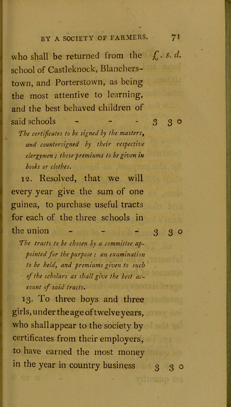 who shall be returned from the school of Castleknock, Blanchers- town, and Porterstown, as being the most attentive to learning, and the best behaved children of said schools - - The certificates to be signed by the masters, % and countersigned by their respective clergymen ; these premiums to be given in books or clothes. 12. Resolved, that we will every year give the sum of one guinea, to purchase useful tracts for each of the three schools in the union - The tracts to be chosen by a committee ap- pointed for the purpose : an examination to be held, and premiums given to such of the scholars as shall give the best ac- count of said tracts. 13. To three boys and three girls, under the age of twelve years, who shall appear to the society by certificates from their employers, to have earned the most money in the year in country business £• s- d* 3 3° 3 3°