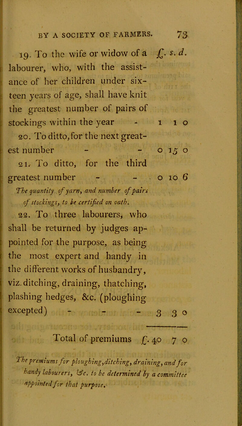 19, To the wife or widow of a £. s. d. labourer, who, with the assist- ance of her children under six- I *.*•». r' ‘ ' ♦' § .iJj - teen years of age, shall have knit the greatest number of pairs of stockings within the year - 110 20. To ditto,for the next great- est number - o 15 o 2 To ditto, for the third greatest number - - o 10 6 The quantity of yarn, and number of pain of stockings, to be certified on oath. 22. To three labourers, who shall be returned by judges ap- pointed for the purpose, as being the most expert and handy in the different works of husbandry, viz. ditching, draining, thatching, plashing hedges, &c. (ploughing excepted) - - 3 3 o Total of premiums £.40 70 The premiums for ploughing,ditching, draining, and for handy labourers, cjfc. to be determined by a committee appointed for that purpose.