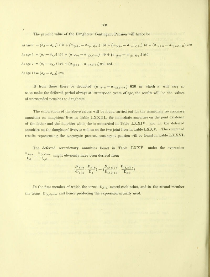 The present value of the Daughters’ Contingent Pension will hence be At birth = ^x,d) IbO + (fi—|d+2 d)+2.) 90 + (fl—7 j(.r, cO + 7) 70 -+- (^ |<a5+11 |(®,d)+ii) At age 2 = (^dd ax,d) '^70 + (01^+5 ^—j(x,d) + o) 70 + (®~]<2-j-9 |(j, <i)+9) ^30 At age 7 = («d — «*>d) 340 + (fl-|d+1 — «-](*,<2)4.5) 280 and At age 11= (ad ■— aItd) 620 If from these there be deducted (a-|d+n — «-,(*, <*)+») 620 in which n will vary so as to make the deferred period always at twenty-one years of age, the results will be the values of unextended pensions to daughters. The calculations of the above values will be found carried out for the immediate reversionary annuities on daughters’ lives in Table LXXIIL, for immediate annuities on the joint existence of the father and the daughter while she is unmarried in Table LXXXV., and for the deferred annuities on the daughters’ lives, as well as on the two joint lives in Table LXXV. The combined results representing the aggregate present contingent pension will be found in Table LXXVI. I The deferred reversionary annuities found in Table LXXV. under the expression 4 N _d+n (*’^±1' might obviously have been derived from ^x,d ( ')-( ) In the first member of which the terms Drf+n cancel each other, and in the second member the terms D(.1;(p+„, and hence producing the expression actually used.