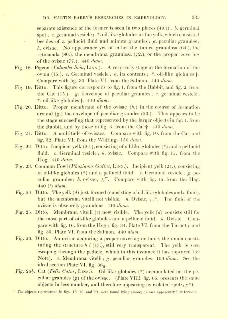 separate existence of the former is seen in two places (49.)); h. germinal spot; c. germinal vesicle ; *. oil-like globules in the yelk, which consisted besides of a pellucid fluid and minute granules; g. peculiar granules; Ji. ovisac. No appearance yet of either the tunica granulosa (64.), tfte retinacula (80.), the membrana granulosa (72.), or the proper covering of the ovisac (77-)• 440 diam. Fig. 18. Pigeon {Columha livia, Linn.). A very early stage in the formation of the ovum (15.). c. Germinal vesicle; a. its contents; *. oil-like globules-j-. Compare with fig. 30. Plate VI. from the Salmon. 440 diam. Fig. 19. Ditto. This figure corresponds to fig. 1. from the Rabbit, and fig. 2. from the Cat (15.). g. Envelope of peculiar granules; c. germinal vesicle; *. oil-like globules-f^. 440 diam. Fig. 20. Ditto. Proper membrane of the ovisac (//.) in the course of formation around (g.) the envelope of peculiar grannies (23.). This appears to !)e the stage succeeding that represented by the larger objects in fig. 1. from the Rabbit, and by those in fig. 3. from the Cat-f. 440 diam. Fig. 21. Ditto. A multitude of ovisacs. Compare with fig. 10. from the Cat, and fig. 32. Plate VI. froui the Whiting. 150 diam. Fig. 22. Ditto. Incipient yelk (24.), consisting of oil-like globules (*) and a pellucid fluid, c. Germinal vesicle; //.ovisac. Compare with fig. 15. from the I log. 440 diatn. Fig. 23. Common Fowl {Phasianas Gallas, Linn.). Incipient yelk (24.), ttonsisting of oil-like globules (*) and a pellucid fluid, c. Germinal vesicle; g. pe- culiar granules; ovisac,-v'- Compare with fig. 15. from the Hog. 440 (?) diam. Fig. 24. Ditto. The yelk (^/) just formed (consisting of oil-like globules and a fluid), but the membrana vitelli not visible. Ji. Ovisac, -pV'. The fluid of tiie ovisac is obscurely granulous. 440 diam. Fig. 25. Ditto. Membrana vitelli (e) now visible. The yelk {d) consists still for the most part of oil-like globules and a pellucid fluid. //. Ovisac. Com- pare with fig. 16. from the Hog ; fig. 34. Plate VI. from the Turbot; and fig. 35. Plate VI. from the Salmon. 440 diam. Fig. 26. Ditto. An ovisac acquiring a proper covering or tunic, the union consti- tuting the structure h i {47-), still very transparent. The yelk is seen escaping through the pedicle, which in this instance it has ruptured (32 Note), e. Membrana vitelli; g. peculiar granules. 100 diam. See the ideal section Plate VI. fig. 38^. Fig. 26^. Cat (Felis Cafus, Linn.). Oil-like globules (*) accumulated on the pe- culiar granules {g) of the ovisac. (Plate VIII. fig. 66. presents the same objects in less number, and therefore appearing as isolated spots, g*). t The objects represented in figs. 18. 19. and 20. were found lying among ovisacs apparently just formed.