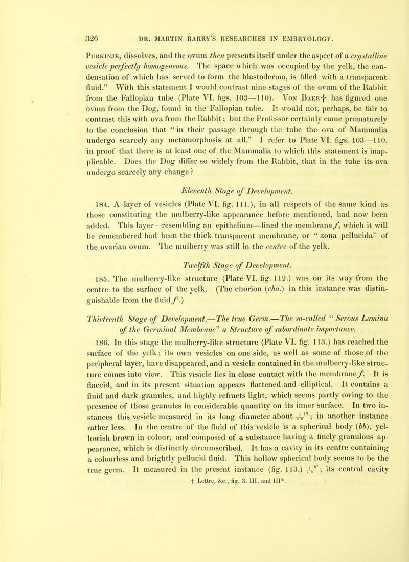 PuRKiNJE, dissolves, and the ovum then presents itself under the aspect of a crystalUne vesicle perfectly homogeneous. The space which was occupied by the yelk, the con- densation of which has served to form the blastoderma, is filled with a transparent fluid. With this statement I would contrast nine stages of the ovum of the Rabbit from the Fallopian tube (Plate VI. figs. 103—110). Von Baer-|- has figured one ovum from the Dog, found in the Fallopian tube. It would not, perhaps, be fair to contrast this with ova from the Rabbit; but the Professor certainly came prematurely to the conclusion that in their passage through the tube the ova of Mammalia undergo scarcely any metamorphosis at all. I refer to Plate VI. figs. 103—110. in proof that there is at least one of the Mammalia to which this statement is inap- plicable. Does the Dog differ so widely from the Rabbit, that in the tube its ova undergo scarcely any change ? Eleventh Stage of Development. 184. A layer of vesicles (Plate VI. fig. 111.), in all respects of the same kind as those constituting the mulberry-like appearance before mentioned, had now been added. This layer—resembling an epithelium—lined the membrane f which it will be remembered had been the thick transparent membrane, or zona pellucida of the ovarian ovum. The mulberry was still in the centre of the yelk. Twelfth Stage of Development. 185. The mulberry-like structure (Plate VI. fig. 112.) was on its way from the centre to the surface of the yelk. (The chorion {cho.) in this instance was distin- guishable from the fluid /'.) Thirteenth Stage of Development.—The true Germ.—The so-called Serous Lamina of the Germinal Membrane' a Structure of subordinate importance. 186. In this stage the mulberry-like structure (Plate VI. fig. 113.) has reached the surface of the yelk ; its own vesicles on one side, as well as some of those of the peripheral layer, have disappeared, and a vesicle contained in the mulberry-like struc- ture comes into view. This vesicle lies in close contact with the membrane/. It is flaccid, and in its present situation appears flattened and elliptical. It contains a fluid and dark granules, and highly refracts light, which seems partly owing to the presence of those granules in considerable quantity on its inner surface. In two in- stances this vesicle measured in its long diameter about Vo-'; in another instance rather less. In the centre of the fluid of this vesicle is a spherical body {bh), yel- lowish brown in colour, and composed of a substance having a finely granulous ap- pearance, which is distinctly circumscribed. It has a cavity in its centre containing a colourless and brightly pellucid fluid. This hollow spherical body seems to be the true germ. It measured in the present instance (fig. 113.) yV' > central cavity t Lettre, &c., fig. 3. III. and III*.