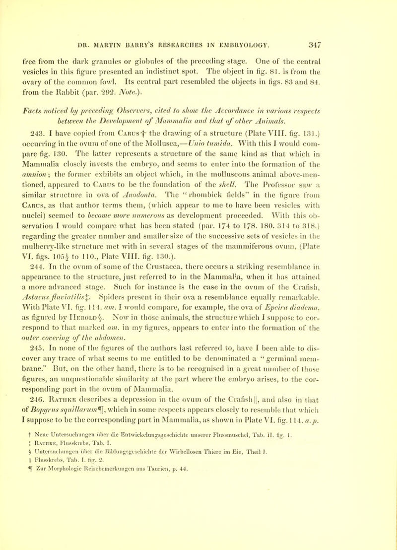free from the dark granules or gloljules of the preceding- stage. One of the central vesicles in this figure presented an indistinct spot. The object in fig. 81. is from the ovary of the common fowl. Its central part resembled the objects in figs. 83 and 84, from the Rabbit (par. 292. Note.). Facts noticed by preceding Observers, cited to show the Accordance in various respects between the Development of Mammalia and that of other Animals. 243. I have copied from CARUs-f the drawing of a structure (Plate VIII. fig. 131.) occurring in the ovum of one of the MoUusca,— Unio tumida. With this I would com- pare fig. 130. The latter represents a structure of the same kind as that whicii in Mammalia closely invests the embryo, and seems to enter into the formation of the amnion; the foriuer exhibits an object which, in the molluscous animal above-men- tioned, appeared to Carus to be the foundation of the shell. The Professor saw a similar structure in ova of Anodonta. The  rhombick fields in the figure from Carus, as that author terras them, (which appear to me to have been vesicles with nuclei) seemed to become more numerous as development pi'oceeded. With this ob- servation I would compare what has been stated (par. 174 to 178. 180. 314 to 318.) regarding the greater number and smaller size of the successive sets of vesicles in the mulberry-like structure met with in several stages of the mammiferous ovum, (Plate VI. figs. 1051 to 110., Plate VIII. fig. 130.). 244. In the ovum of some of the Crustacea, there occurs a striking resemblance in appearance to the structure, just referred to in the Mammalia, when it has attained a more advanced stage. Such for instance is the case in the ovum of the Crafish, Astacus fli(viatil(s\. Spiders present in their ova a resemblance equally remarkable. With Plate VI. fig. 114. am. I would compare, for example, the ova of Epeira diadema. as figured by Herold§. Now in those animals, the structure which I suppose to cor- respond to that marked am. in tny figures, appears to enter into the formation of the outer covering of the abdomen. 245. In none of the figures of the authors last referred to, iiave I been able to dis- cover any trace of what seems to me entitled to be denotninated a germinal mem- brane. But, on the other liand, there is to be recognised in a great number of tliose figures, an unquestionable similarity at the part where the embryo arises, to the cor- responding part in the ovum of Mammalia. 246. Rathke describes a depression in the ovum of the Crafishl], and also in that of Bopijrus squillarum^, which in some respects appears closely to resemble tliat wliich I suppose to be the corresponding part in Mammalia, as shown in Plate VI. fig. 114. a.p. t Neue Untersuchungen iiber die Entwickelunjjsgescliiclite unserer Fhissmuschel, Tab. il. fig. 1. + Rathke, Flusskrebs, Tab. I. § Untersucbiingen iiber die Bildungsgescliichte der Wirbellosen Thiere im Eie, Theil I. II Flusskrebs, Tab. I. fig. 2. ^ Zur Morphologie Reisebemerkungen aus Taurien, p. 44.