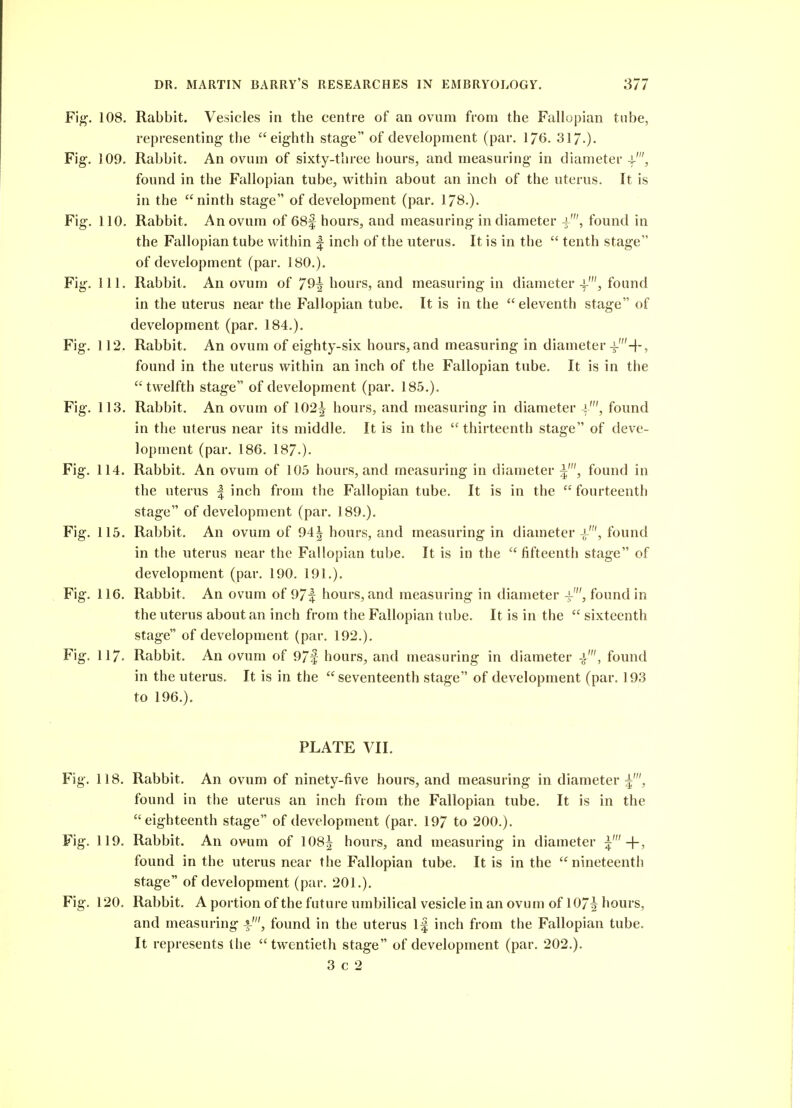 Fig-. 108. Rabbit. Vesicles in the centre of an ovum from the Fallopian tube, representing the eighth stage of development (par. 1/6. SI/.)- Fig. 109, Rabbit. An ovum of sixty-three hours, and measuring in diameter V, found in the Fallopian tube, within about an inch of the uterus. It is in the ninth stage of development (par. 178.). Fig. 110. Rabbit. An ovum of 68f hours, and measuring in diameter found in the Fallopian tube within f inch of the uterus. It is in the  tenth stage of development (par. 180.). Fig. ill. Rabbit. An ovum of 79^ hours, and measuring in diameter-f', found in the uterus near the Fallopian tube. It is in the eleventh stage of development (par. 184,). Fig. 112, Rabbit. An ovum of eighty-six hours, and measuring in diameter found in the uterus within an inch of the Fallopian tube. It is in the twelfth stage of development (par. 185.). Fig. 113. Rabbit. An ovum of 102^ hours, and measuring in diameter found in the uterus near its middle. It is in the thirteenth stage of deve- lopment (par. 186. 187.), Fig. 114. Rabbit. An ovum of 105 hours, and measuring in diameter I', found in the uterus | inch from the Fallopian tube. It is in the fourteenth stage of development (par. 189.). Fig. 115. Rabbit. An ovum of 94| hours, and measuring in diameter J-', found in the uterus near the Fallopian tube. It is in the  fifteenth stage of development (par. 190, 191.). Fig. 116. Rabbit. An ovum of 97f hours, and measuring in diameter i-', found in the uterus about an inch from the Fallopian tube. It is in the  sixteenth stage of development (par, 192.). Fig. 117, Rabbit. An ovum of 97f hours, and measuring in diameter found in the uterus. It is in the seventeenth stage of development (par, 193 to 196,). PLATE VII, Fig. 118. Rabbit. An ovum of ninety-five hours, and measuring in diameter found in the uterus an inch from the Fallopian tube. It is in the eighteenth stage of development (par. 197 to 200.). Fig. 119. Rabbit. An ovum of 108^ hours, and measuring in diameter +, found in the uterus near the Fallopian tube. It is in the nineteenth stage of development (par. 201,), Fig. 120. Rabbit. A portion of the future umbilical vesicle in an ovum of 107^ hours, and measuring -f-', found in the uterus If inch from the Fallopian tube. It represents the twentieth stage of development (par. 202.).