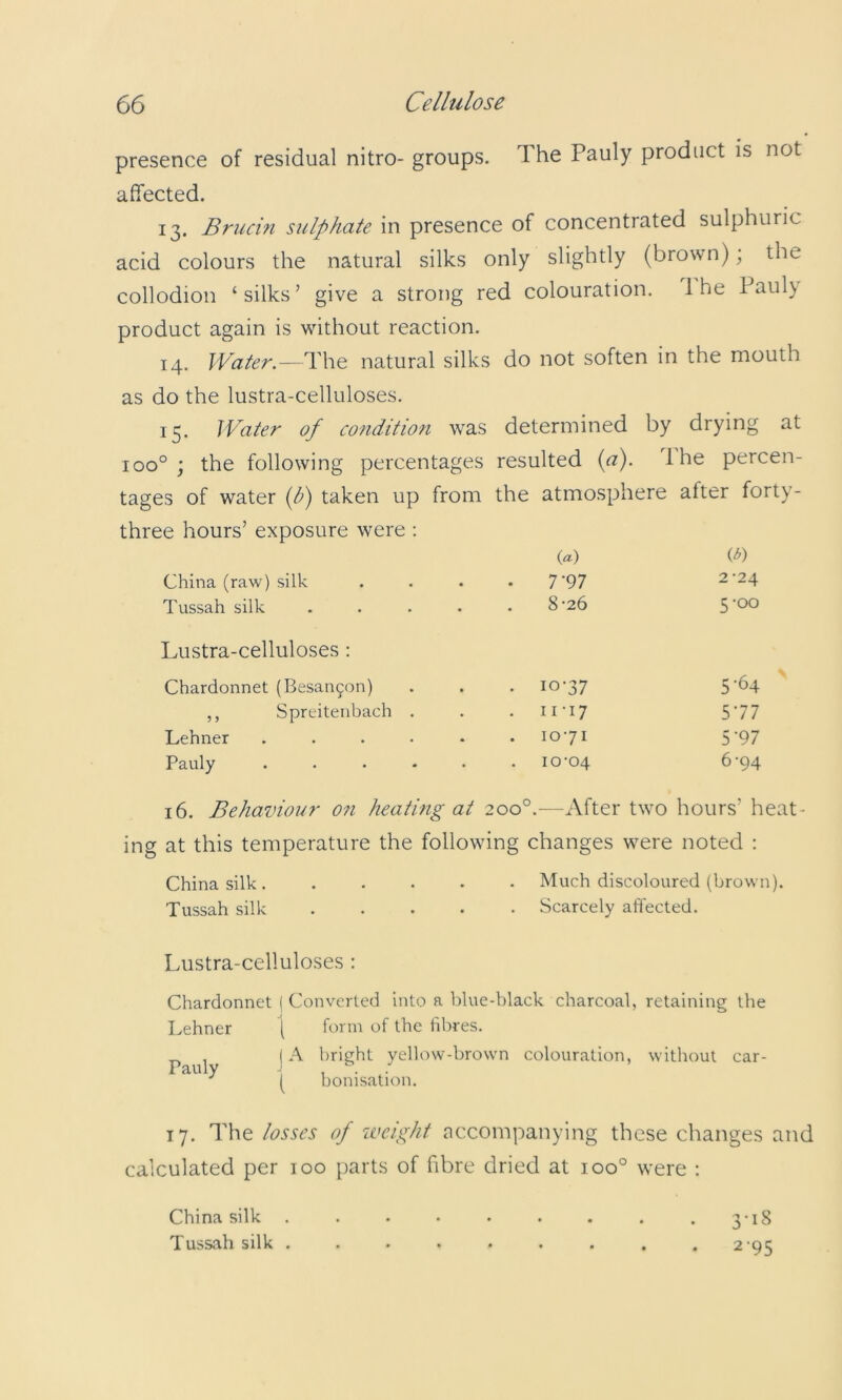 presence of residual nitro- groups. The Pauly product is not affected. 13. Brucin sulphate in presence of concentrated sulphuric acid colours the natural silks only slightly (brown); the collodion ‘silks’ give a strong red colouration. 1 he Pauly product again is without reaction. 14. Water.—natural silks do not soften in the mouth as do the lustra-celluloses. 15. Water of cofidition was determined by drying at 100° ; the following percentages resulted {a)- The percen- tages of water {li) taken up from the atmosphere after forty- three hours’ exposure were ; {a) ib) China (raw) silk . 7-97 2 -24 Tussah silk .... . 8-26 5-00 Lustra-celluloses : Chardonnet (Besaii9on) . 10-37 5-64 ,, Spreitenbach . 11-17 577 Lehner ..... 10-71 5‘97 Pauly ..... 10-04 6-94 16. Behaviour on heating at 200°.—After two hours’ heat- ing at this temperature the following changes were noted ; China silk . ..... Much discoloured (brown). Tussah silk Scarcely afiected. Lustra-celluloses : Chardonnet | Converted into a blue-black charcoal, retaining the Lehner ( form of the fibres. ^ , IA bright yellow-brown colouration, without car- Pauly , / ( bonisation. 17. The losses of weight accompanying these changes and calculated per 100 parts of fibre dried at 100° were : 3-i8 295 China silk Tussah silk .