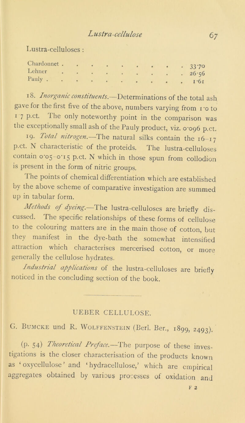 Lustra-celluloses : Chardonnet ......... 3370 26-56 I-61 18. Inorganic constituents.—Determinations of the total ash gave for the first five of the above, numbers varying from I’o to I 7 P-Ct. 1 he only noteworthy point in the comparison was tlie exceptionally small ash of the Pauly product, viz. 0-096 p.ct. 19. Total nitrogen.—Th^ natural silks contain the 16-17 p.ct. N characteristic of the proteids. l^he lustra-celluloses contain 0-05-0-15 p.ct. N which in those spun from collodion is present in the form of nitric groups. 1 he points of chemical differentiation which are established by the above scheme of comparative investigation are summed up in tabular form. Methods of dyeing.lustra-celluloses are briefly dis- cussed. The specific relationships of these forms of cellulose to the colouring matters aie in the main those of cotton, but they manifest in the dye-bath the somewhat intensified attraction which characterises mercerised cotton, or more generally the cellulose hydrates. Industrial applications of the lustra-celluloses are briefly noticed in the concluding section of the book. UEBER CELLULOSE. G. Bumcke und R. Wolffenstein (Berl. Ber., 1899, 2493). (P- 54) Theoretical Preface.—d'he purpose of these inves- tigations is the closer characterisation of the products known as ‘ oxycellulose’ and ‘ hydracellulose,’ which are empirical -^ggi'egates obtained by various processes of oxidation and