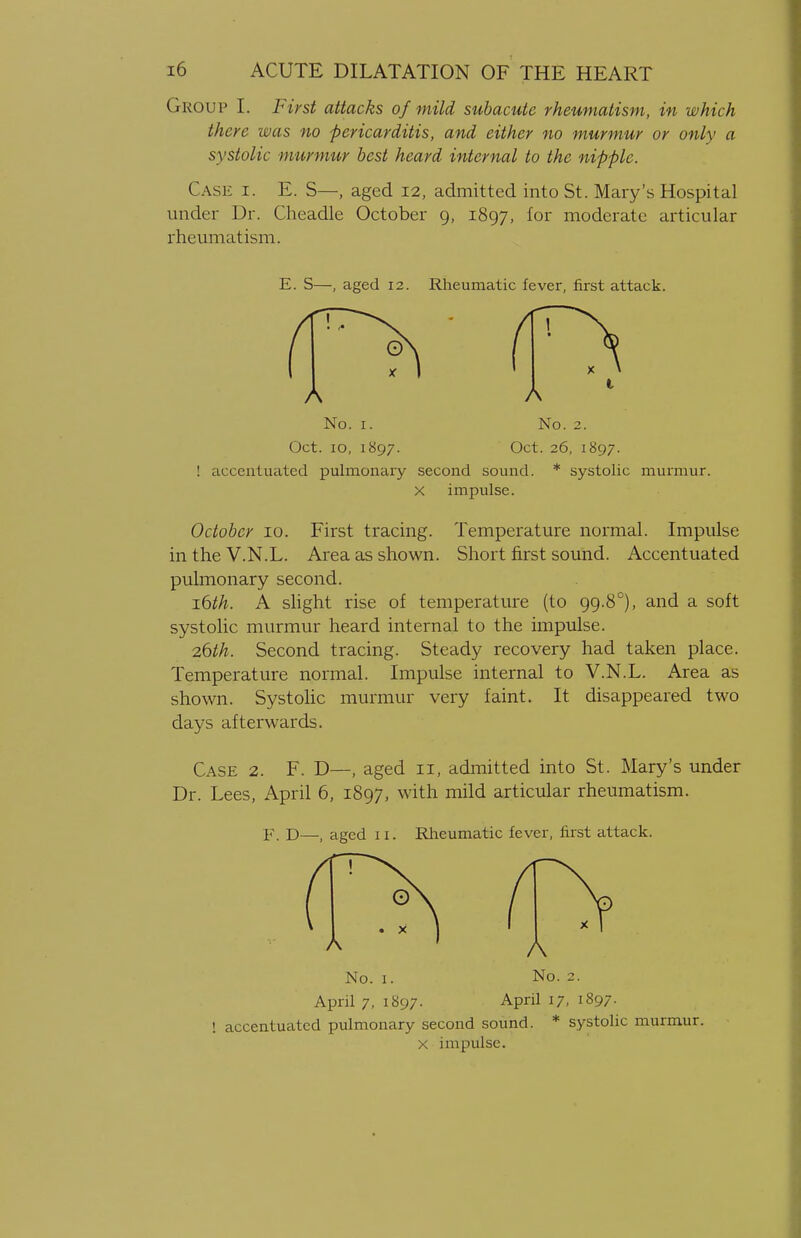 Group I. First attacks of mild subacute rheumatism, in which there was no pericarditis, and either no murmur or only a systolic murmur best heard internal to the nipple. Case i. E. S—, aged 12, admitted into St. Mary's Hospital under Dr. Cheadle October 9, 1897, for moderate articular rheumatism. E. S—, aged 12. Rheumatic fever, first attack. ! accentuated pulmonary second sound. X impulse. systolic murmur. October 10. First tracing. Temperature normal. Impulse in the V.N.L. Area as shown. Short first sound. Accentuated pulmonary second. 16th. A slight rise of temperature (to 99.8°), and a soft systolic murmur heard internal to the impulse. 26th. Second tracing. Steady recovery had taken place. Temperature normal. Impulse internal to V.N.L. Area as shown. Systolic murmur very faint. It disappeared two days afterwards. Case 2. F. D—, aged 11, admitted into St. Mary's under Dr. Lees, April 6, 1897, with mild articular rheumatism. F. D—, aged 11. Rheumatic fever, first attack. A No. 1. No. 2. April 7, 1897. April 17, 1897. ! accentuated pulmonary second sound. * systolic murmur. x impulse.