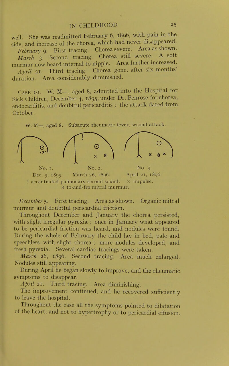 well She was readmitted February 6, 1896, with pain in the side, and increase of the chorea, which had never disappeared. February 9. First tracing. Chorea severe. Area as shown. March 3. Second tracing. Chorea still severe. A soft murmur now heard internal to nipple. Area further increased. April 21. Third tracing. Chorea gone, after six months' duration. Area considerably diminished. Case 10. W. M—, aged 8, admitted into the Hospital for Sick Children, December 4, 1895, under Dr. Penrose for chorea, endocarditis, and doubtful pericarditis ; the attack dated from October. W. M—, aged 8. Subacute rheumatic fever, second attack. ! accentuated pulmonary second sound. X impulse. 8 to-and-fro mitral murmur. December 5. First tracing. Area as shown. Organic mitral murmur and doubtful pericardial friction. Throughout December and January the chorea persisted, with slight irregular pyrexia ; once in January what appeared to be pericardial friction was heard, and nodules were found. During the whole of February the child lay in bed, pale and speechless, with slight chorea ; more nodules developed, and fresh pyrexia. Several cardiac tracings were taken. March 26, 1896. Second tracing. Area much enlarged. Nodules still appearing. During April he began slowly to improve, and the rheumatic symptoms to disappear. April 21. Third tracing. Area diminishing. The improvement continued, and he recovered sufficiently to leave the hospital. Throughout the case all the symptoms pointed to dilatation of the heart, and not to hypertrophy or to pericardial effusion. A No. 2. March 26, 1896. No. 1. Dec. 5, 1895. No. 3- April 21, 1896.