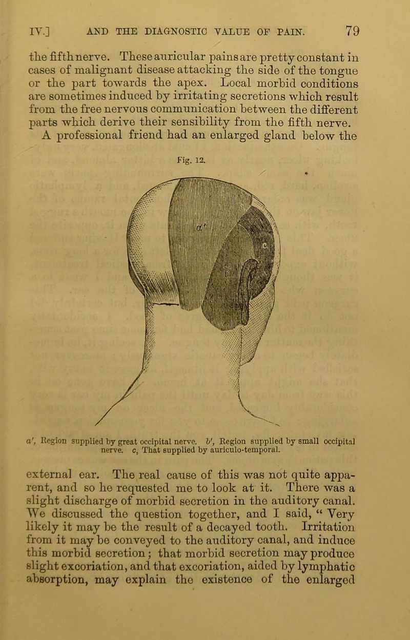 the fifth nerve. These auricular pains are pretty constant in cases of malignant disease attacking the side of the tongue or the part towards the apex. Local morbid conditions are sometimes induced by irritating secretions which result from the free nervous communication between the different parts which derive their sensibility from the fifth nerve. A professional friend had an enlarged gland below the Fig. 12. a', Region supplied by great occipital nerve. V, Region supplied by small occipital nerve, c, That supplied by auriculo-temporal. external ear. The real cause of this was not quite appa- rent, and so he requested me to look at it. There was a slight discharge of morbid secretion in the auditory canal. We discussed the question together, and I said, “ Very likely it may be the result of a decayed tooth. Irritation from it may be conveyed to the auditory canal, and induce this morbid secretion; that morbid secretion may produce slight excoriation, and that excoriation, aided by lymphatic absorption, may explain the existence of the enlargod