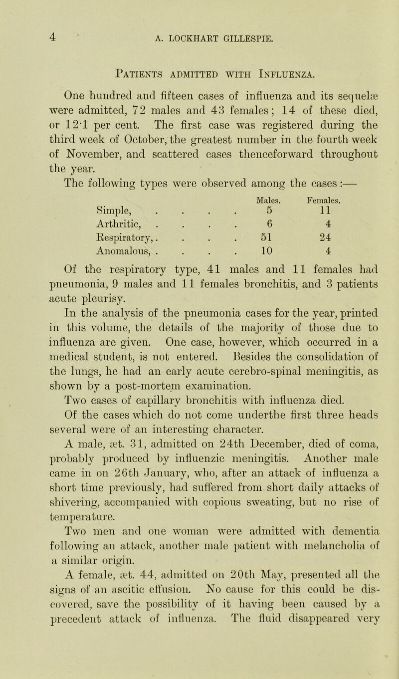 Patients admitted with Influenza. One hundred and fifteen cases of influenza and its sequehe were admitted, 72 males and 43 females; 14 of these died, or 12’1 per cent. The first case was registered during the third week of October, the greatest number in the fourth week of November, and scattered cases thenceforward throughout the year. The following types were observed among the cases:— Simple, Males. 5 Females. 11 Arthritic, 6 4 Respiratory,. 51 24 Anomalous, . 10 4 Of the respiratory type, 41 males and 11 females had pneumonia, 9 males and 11 females bronchitis, and 3 patients acute pleurisy. In the analysis of the pneumonia cases for the year, printed in this volume, the details of the majority of those due to influenza are given. One case, however, which occurred in a medical student, is not entered. Besides the consolidation of the lungs, he had an early acute cerebro-spinal meningitis, as shown by a post-mortem examination. Two cases of capillary bronchitis with influenza died. Of the cases which do not come underthe first three heads several were of an interesting character. A male, xt. 31, admitted on 24th December, died of coma, probably produced by influenzic meningitis. Another male came in on 26th January, who, after an attack of influenza a short time previously, had suffered from short daily attacks of shivering, accompanied with copious sweating, but no rise of temperature. Two men and one woman were admitted with dementia following an attack, another male patient with melancholia of a similar origin. A female, let. 44, admitted on 20th May, presented all the smns of an ascitic effusion. No cause for this could be dis- covered, save tlie possibility of it having been caused by a precedent attack of influenza. The fluid disappeared very