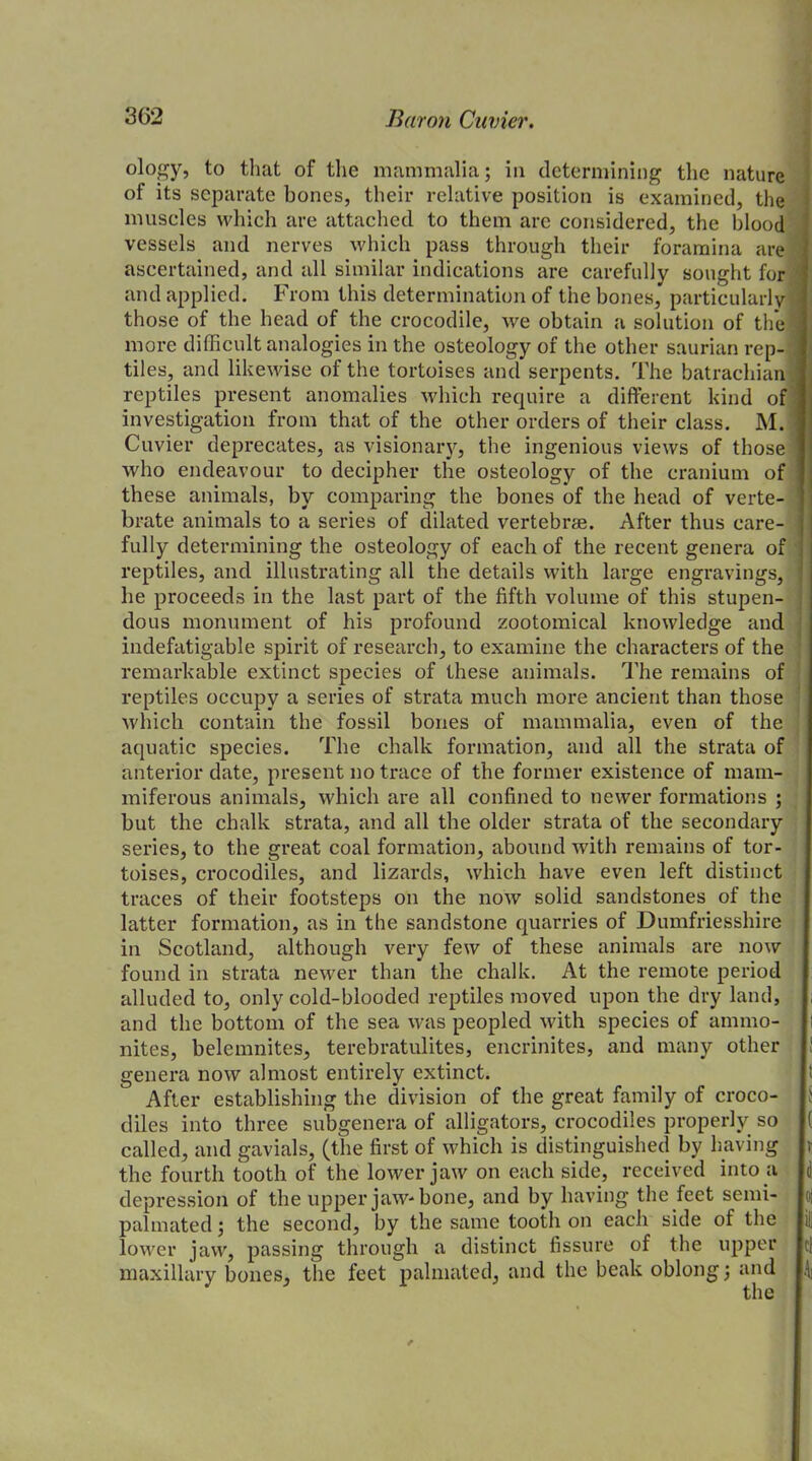 ology, to that of the mammalia; in determining the nature of its separate hones, their relative position is examined, the muscles which are attached to them are considered, the blood vessels and nerves which pass through their foramina are ascertained, and all similar indications are carefully sought for and applied. From this determination of the bones, particularly those of the head of the crocodile, we obtain a solution of the I more difficult analogies in the osteology of the other saurian rep- tiles, and likewise of the tortoises and serpents. The batrachian reptiles present anomalies which require a different kind of investigation from that of the other orders of their class. M. Cuvier deprecates, as visionary, the ingenious views of those who endeavour to decipher the osteology of the cranium of these animals, by comparing the bones of the head of verte- brate animals to a series of dilated vertebrae. After thus care- fully determining the osteology of each of the recent genera of reptiles, and illustrating all the details with large engravings, lie proceeds in the last part of the fifth volume of this stupen- dous monument of his profound zootomical knowledge and indefatigable spirit of research, to examine the characters of the remarkable extinct species of these animals. The remains of reptiles occupy a series of strata much more ancient than those which contain the fossil bones of mammalia, even of the aquatic species. The chalk formation, and all the strata of anterior date, present no trace of the former existence of mam- miferous animals, which are all confined to newer formations ; but the chalk strata, and all the older strata of the secondary series, to the great coal formation, abound with remains of tor- toises, crocodiles, and lizards, which have even left distinct traces of their footsteps on the now solid sandstones of the latter formation, as in the sandstone quarries of Dumfriesshire in Scotland, although very few of these animals are now found in strata newer than the chalk. At the remote period alluded to, only cold-blooded reptiles moved upon the dry land, and the bottom of the sea was peopled with species of ammo- nites, belenmites, terebratulites, encrinites, and many other genera now almost entirely extinct. After establishing the division of the great family of croco- diles into three subgenera of alligators, crocodiles properly so called, and gavials, (the first of which is distinguished by having the fourth tooth of the lower jaw on each side, received into a depression of the upper jaw-bone, and by having the feet semi- palmated; the second, by the same tooth on each side of the lower jaw, passing through a distinct fissure of the upper maxillary bones, the feet palmated, and the beak oblong; and the