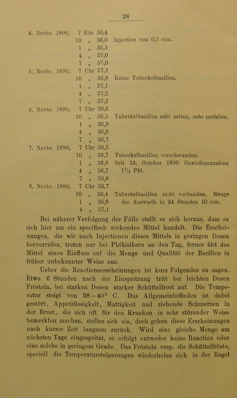 4. Novbr. 1890, 7 Uhr 36,4 10 95 36,0 Injection von 0,1 ccra. 1 55 36,5 4 n 37,0 7 99 37,0 5. Novbr. 1890, 7 Uhr 37,2 10 r> 36,8 Keine Tuberkelbacillen. 1 r> 37,1 4 37,2 7 r> 37,2 6. Novbr. 1890, 7 Uhr 36,6 10 36,5 Tuberkelbacillen sehr selten, sehr zerfallen. 1 59 36,9 4 5) 36,8 7 55 36,7 7. Novbr. 1890, 7 Uhr 36,5 10 59 36,7 Tuberkelbacillen verschwunden. 1 59 36,8 Seit 24. October 1890 Gewichtszunahme 4 55 36,7 D/4 Pfd. 7 59 36,8 8. Novbr. 1890, 7 Uhr 36,7 10 55 36,4 Tuberkelbacillen nicht vorhanden. Menge 1 55 36,8 des Auswurfs in 24 Stunden 10 ccm. 4 55 37,1 Bei naherer Verfolgung der Falle stellt es sich heraus, dass es sich hier um ein specifisch wirkendes Mittel handelt. Die Erschei- nungen, die wir nach Injectionen dieses Mittels in geringen Dosen hervorrufen, treten nur bei Pkthisikern an den Tag, ferner iibt das Mittel einen Einfluss auf die Menge und Qualitat der Bacillen in friiher nnbekannter Weise aus. Ueber die Reactionserscheinungen ist kurz Folgendes zu sagen. Etwa 6 Stunden nach der Einspritzung tritt bei leichten Dosen Frosteln, bei starken Dosen starker Schiittelfrost auf. Die Ternpe- ratur steigt von 38—40° C. Das Allgemeinbefinden ist dabei gestort, Appetitlosigkeit, Mattigkeit und ziehende Schmerzen in der Brust, die sich oft far den Kranken in sehr storender Weise bemerkbar machen, stellen sich ein, doch gehen diese Erscheinungen nach kurzer Zeit langsam zuriick. Wird eine gleiche Menge am nachsten Tage eingespritzt, so erfolgt entweder keine Reaction oder eine solche in geringem Grade. Das Frosteln resp. die Schiittelfrdste, speciell die Temperatursteigerungen wiederholen sich in der Regel