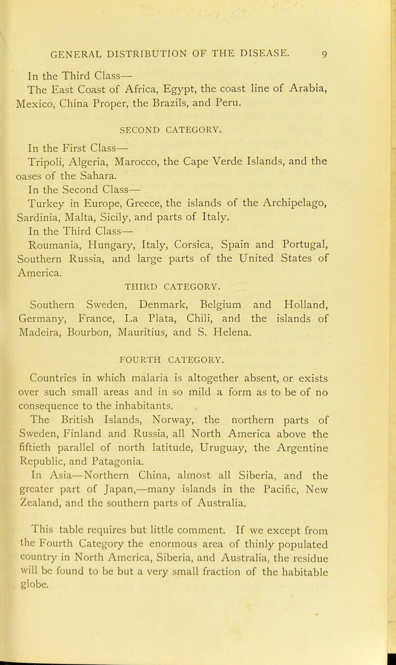 In the Third Class— The East Coast of Africa, Egypt, the coast line of Arabia, Mexico, China Proper, the Brazils, and Peru. SECOND CATEGORY. In the First Class— Tripoli, Algeria, Marocco, the Cape Verde Islands, and the oases of the Sahara. In the Second Class— Turkey in Europe, Greece, the islands of the Archipelago, Sardinia, Malta, Sicily, and parts of Italy. In the Third Class— Roumania, Hungary, Italy, Corsica, Spain and Portugal, Southern Russia, and large parts of the United States of America. THIRD CATEGORY. Southern Sweden, Denmark, Belgium and Holland, Germany, France, La Plata, Chili, and the islands of Madeira, Bourbon, Mauritius, and S. Helena. FOURTH CATEGORY. Countries in which malaria is altogether absent, or exists over such small areas and in so mild a form as to be of no consequence to the inhabitants. The British Islands, Norway, the northern parts of Sweden, Finland and Russia, all North America above the fiftieth parallel of north latitude, Uruguay, the Argentine Republic, and Patagonia. In Asia—Northern China, almost all Siberia, and the greater part of Japan,—many islands in the Pacific, New Zealand, and the southern parts of Australia. This table requires but little comment. If we except from the Fourth Category the enormous area of thinly populated country in North America, Siberia, and Australia, the residue will be found to be but a very small fraction of the habitable globe.