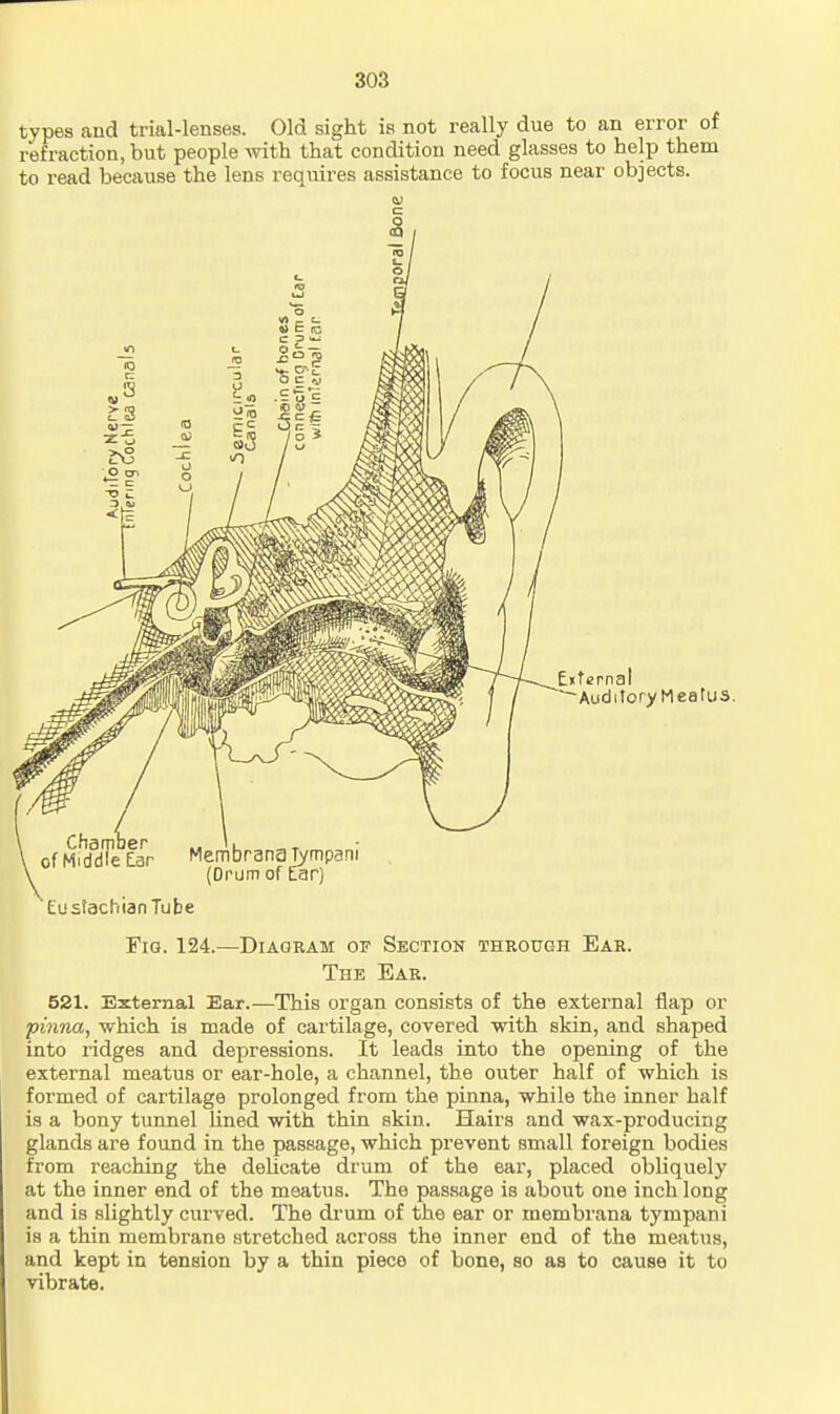 types and trial-lenses. Old sight is not really due to an error of refraction, but people with that condition need glasses to help them to read because the lens requires assistance to focus near objects. Fig. 124.—^Diagram of Section through Ear. The Ear. 521. External Ear.—This organ consists of the external flap or pmna, which is made of cartilage, covered with skin, and shaped into ridges and depressions. It leads into the opening of the external meatus or ear-hole, a channel, the outer half of which is formed of cartilage prolonged from the pinna, while the inner half is a bony tunnel lined with thin skin. Hairs and wax-producing glands are found in the passage, which prevent small foreign bodies from reaching the delicate drum of the ear, placed obliquely at the inner end of the meatus. The passage is about one inch long and is slightly curved. The di'um of the ear or membrana tympani is a thin membrane stretched across the inner end of the meatus, and kept in tension by a thin piece of bone, so as to cause it to vibrate.