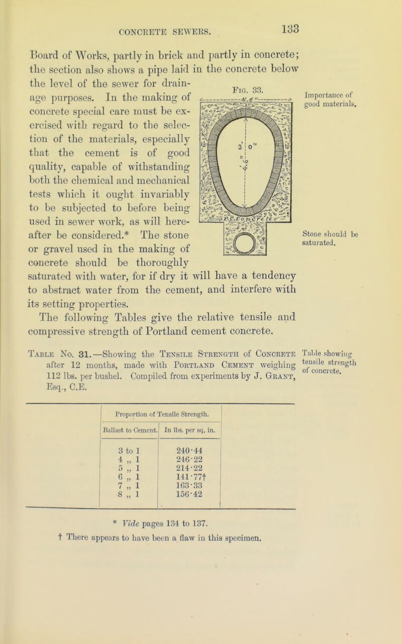 Board of Works, partly in brick and partly in concrete; the section also shows a pipe laid in the concrete below the level of the sewer for drain- age purposes. In the making of concrete special care must be ex- ercised with regard to the selec- tion of the materials, especially that the cement is of good quality, capable of withstanding both the chemical and mechanical tests which it ought invariably to be subjected to before being used in sewer work, as will here- after be considered.* The stone or gravel used in the making of concrete should be thoroughly saturated with water, for if dry it will have a tendency to abstract water from the cement, and interfere with its setting properties. The following Tables give the relative tensile and compressive strength of Portland cement concrete. Impoi'tance of good materials. Stone should be saturated. Table No. 31.—Showing the Tensile Strength of Concrete Table .showing after 12 months, made with Portland Cement weighing ^^nsile strength 112 lbs. per bushel. Compiled from experiments by J. Grant, Esq., C.E. of concrete. Proportion of Tensile Strength. Ballast to Cement 3 to 4 „ G „ 7 „ 8 „ In lbs. per sq. in. 240-44 24G-22 214-22 141-77t 163-33 156-42 * Vide pages 134 to 137. t There appears to have been a flaw in this specimen.