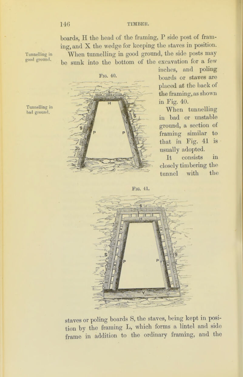 Tunnelling in good gi-ouml. Tunnelling in bad ground. Fig. 40. boards, H the bead of tbe framing, P side post of fram- ing, and X tbe wedge for keeping tbe staves in position. Wben tunnelling in good ground, tbe side posts may be sunk into tbe bottom of tbe excavation for a few incbes, and poling boards or staves are placed at the back of the framing, as shown in Fig. 40. When tunnelling in bad or unstable ground, a section of framing similar to that in Fig. 41 is usually adopted. It consists in closely timbering the tunnel with the Fig. 41. staves or poling boards S, tbe staves, being kept in posi- tion by the framing L, which forms a lintel and side frame in addition to the ordinary framing, and tbe