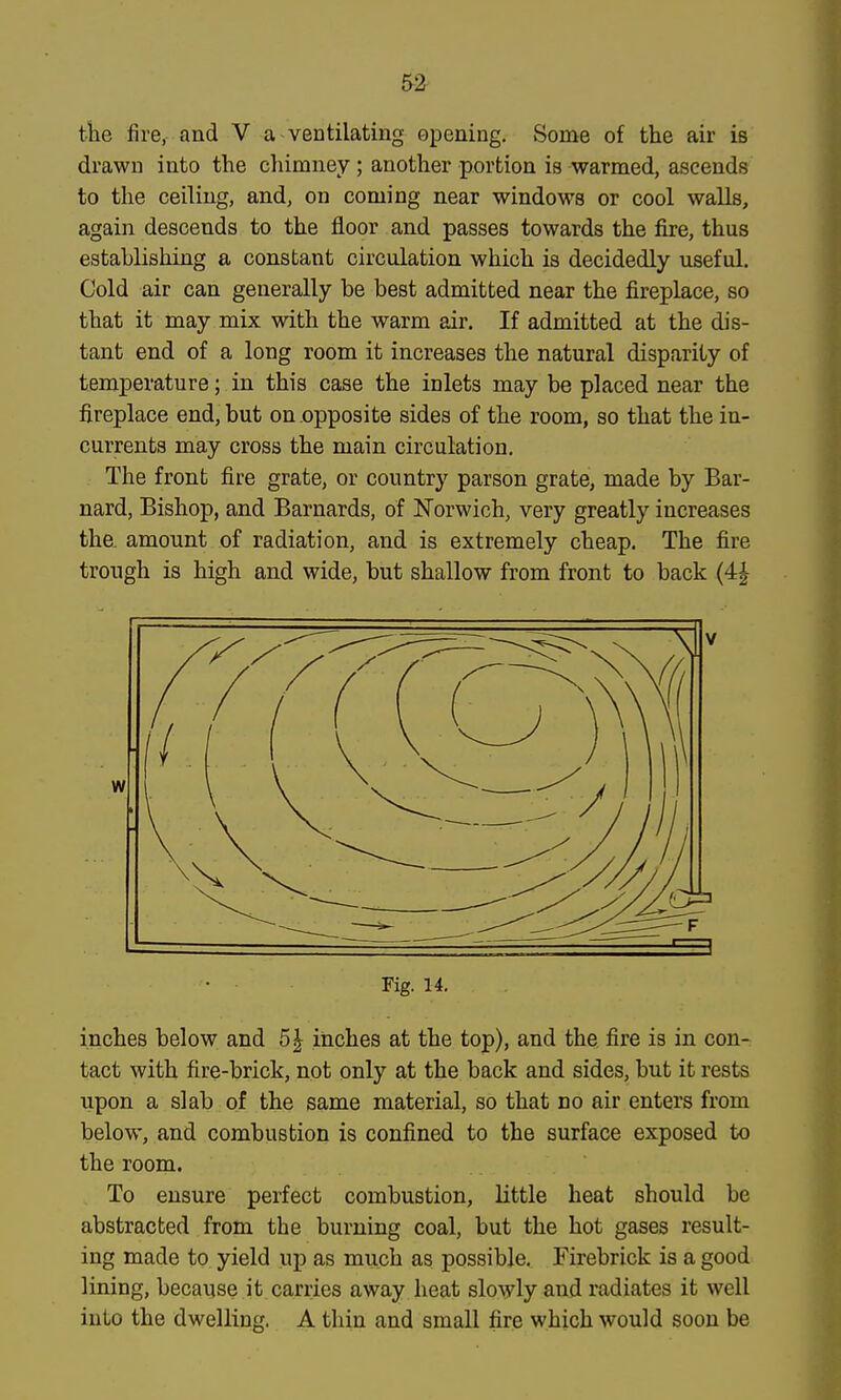&2 the fire, and V a ventilating opening. Some of the air is drawn into the cliimney ; another portion is warmed, ascends to the ceiling, and, on coming near windows or cool walls, again descends to the floor and passes towards the fire, thus establishing a constant circulation which is decidedly useful. Cold air can generally be best admitted near the fireplace, so that it may mix with the warm air. If admitted at the dis- tant end of a long room it increases the natural disparity of temperature; in this case the inlets may be placed near the fireplace end, but on opposite sides of the room, so that the in- currents may cross the main circulation. The front fire grate, or country parson grate, made by Bar- nard, Bishop, and Barnards, of Norwich, very greatly increases the. amount of radiation, and is extremely cheap. The fire trough is high and wide, but shallow from front to back (4| Fig. 14, inches below and 5| inches at the top), and the fire is in con- tact with fire-brick, not only at the back and sides, but it rests upon a slab of the same material, so that no air enters from below, and combustion is confined to the surface exposed to the room. To ensure perfect combustion, little heat should be abstracted from the burning coal, but the hot gases result- ing made to yield up as much as possible. Firebrick is a good lining, because it carries away heat slowly and radiates it well into the dwelling. A thin and small fire which would soon be