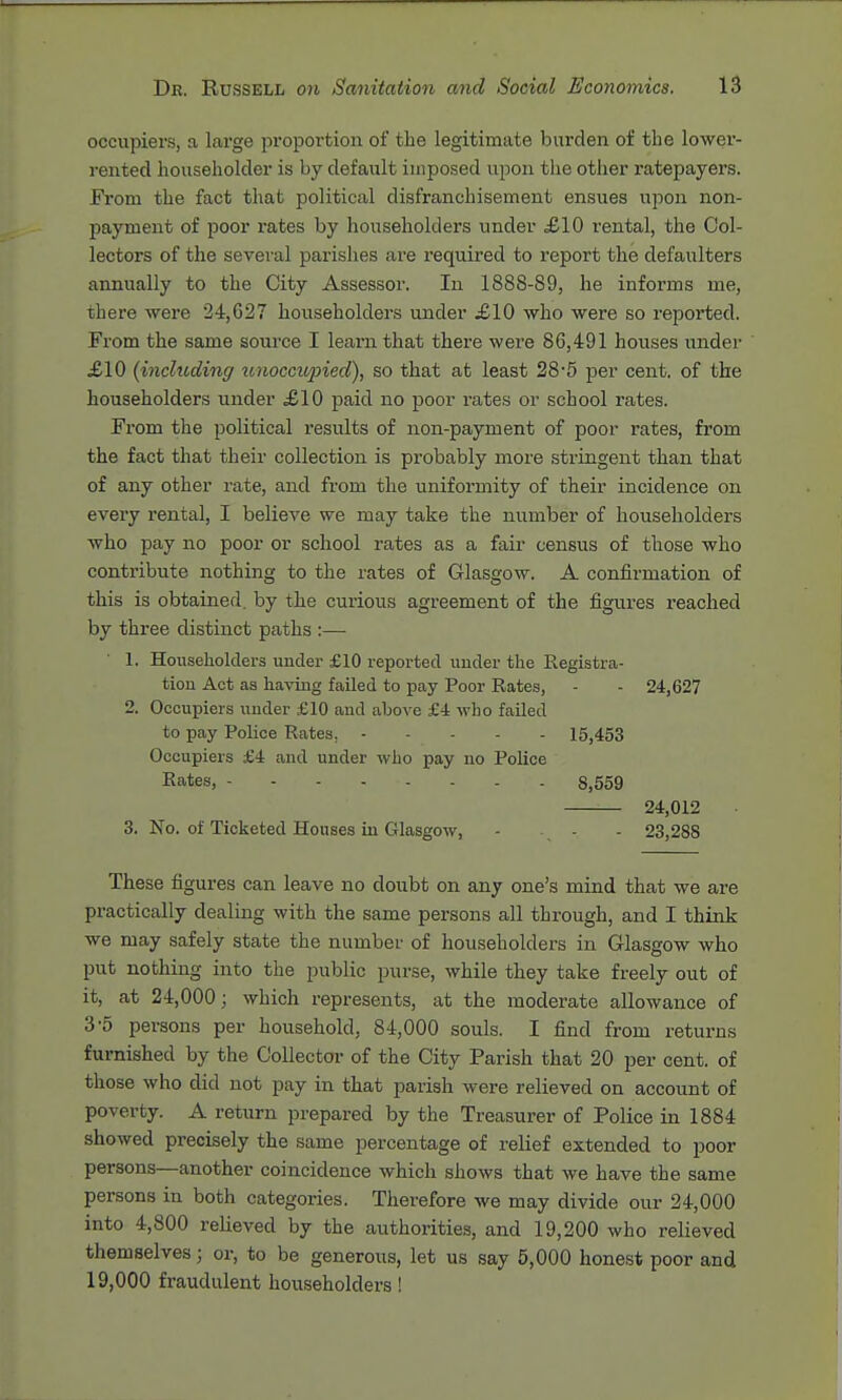 occupiers, a large proportion of the legitimate burden of the lower- rented householder is by default imposed upon the other ratepayers. From the fact that political disfranchisement ensues upon non- payment of poor rates by householders under £10 rental, the Col- lectors of the several parishes are required to report the defaulters annually to the City Assessor. In 1888-89, he informs me, there were 24,027 householders under £10 who were so reported. From the same source I learn that thei'e were 86,491 houses under £10 {including unoccujned), so that at least 28*5 per cent, of the householders under £10 paid no poor rates or school rates. From the political results of non-payment of poor rates, from the fact that their collection is probably more stringent than that of any other rate, and from the uniformity of their incidence on evei'y rental, I believe we may take the number of householders who pay no poor or school rates as a fair census of those who contribute nothing to the rates of Glasgow. A confirmation of this is obtained, by the curious agreement of the figures reached by three distinct paths :— 1. Householders under £10 reported under the Kegistra- tion Act as having failed to pay Poor Rates, - - 24,627 2. Occupiers uuder £10 and above £4 who failed to pay Police Rates, 15,453 Occupiers £4 and under who pay no Police Rates, 8,559 24,012 3. No. of Ticketed Houses iu Glasgow, - , - - 23,288 These figures can leave no doubt on any one's mind that we are practically dealing with the same persons all through, and I think we may safely state the number of householders in Glasgow who put nothing into the public purse, while they take freely out of it, at 24,000; which represents, at the moderate allowance of 3-5 persons per household, 84,000 souls. I find from returns furnished by the Collector of the City Parish that 20 per cent, of those who did not pay in that parish were relieved on account of poverty. A return prepared by the Treasurer of Police in 1884 showed precisely the same percentage of relief extended to poor persons—another coincidence which shows that we have the same persons in both categories. Therefore we may divide our 24,000 into 4,800 relieved by the authorities, and 19,200 who relieved themselves; or, to be generous, let us say 5,000 honest poor and 19,000 fraudulent householders!