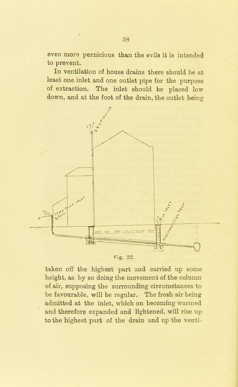 8B even more pernicious than the evils it is intended to prevent. In ventilation of house drains there should be at least one inlet and one outlet pipe for the purpose of extraction. The inlet should be placed low down, and at the foot of the drain, the outlet being taken off the highest part and carried up some height, as by so doing the movement of the column of air, supposing the surrounding circumstances to be favourable, will be regular. The fresh air being admitted at the inlet, which on becoming warmed and therefore expanded and lightened, will rise up to the highest part of the drain and up the venti-