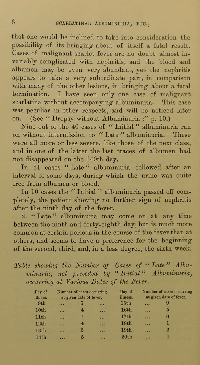 that one would be inclined to take into consideration the possibility of its bringing about of itself a fatal result. Cases of malignant scarlet fever are no doubt almost in- variably complicated with nephritis, and the blood and albumen may be even very abundant, yet the nephritis appears to take a very subordinate part, in comparison with many of the other lesions, in bringing about a fatal termination. I have seen only one case of malignant scarlatina without accompanying albuminuria. This case was peculiar in other respects, and will be noticed later on. (See Dropsy without Albuminuria p. 10.) Nine out of the 40 cases of “ Initial ” albuminuria ran on without intermission to “ Late ” albuminuria. These were all more or less severe, like those of the next class, and in one of the latter the last traces of albumen had not disappeared on the 140th day. In 21 cases Late albuminuria followed after an interval of some days, during which the urine was quite free from albumen or blood. In 10 cases the Initial albuminuria passed off com- pletely, the patient showing no further sign of nephritis after the ninth day of the fever. 2. Late ” albuminuria may come on at any time between the ninth and forty-eighth day, but is much more common at certain periods in the course of the fever than at others, and seems to have a preference for the beginning of the second, third, and, in a less degree, the sixth week. Table showing the Number of Gases of Late ” Albu- minuria, not preceded by “ Initial Albuminuria, occurring at Various Bates of the Fever. Bay of Number of cases occurring Day of Number of cases occurring illness. at given date of fever. illness. at given date of fever. 9th 5 15th 9 10th 4 16th 5 11th 1 17th 6 12th 4 18th 1 13th 3 19th 2 14th 5 20th 1