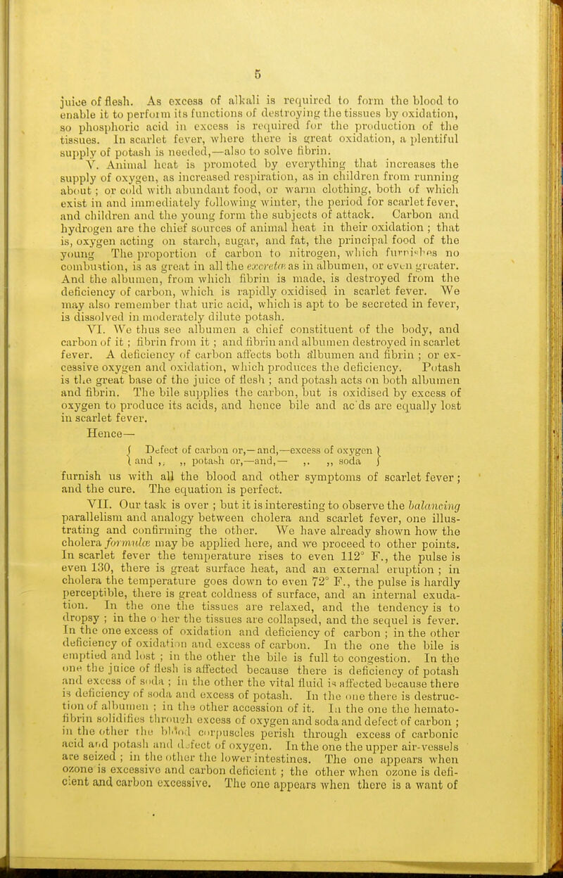 juice of flesh. As excess of alkali is required to form the blood to enable it to perfuim its functions of destroying the tissues by oxidation, so phosphoric acid in excess is required for the production of the tissues. In scarlet fever, Avhere there is reat oxidation, a plentiful supply of potash is needed,—also to solve fibrin. V. Aniuial heat is ])romoted by everything that increases the supply of oxygen, as increased respiration, as in children from running about; or cold with abundant food, or warm clothing, both of whicli exist in and immediately folk)wing winter, the period for scarlet fever, and children and the young form the subjects of attack. Carbon and hydrogen are the chief sources of animal heat in their oxidation ; that is, oxygen acting on starch, sugar, and fat, the principal food of the young The proportion of carbon to nitrogen, which furpi'-hiis no combustion, is as great in all the excreta', as in albumen, or even greater. And the albumen, from which fibrin is made, is destroyed from the deficiency of carbon, which is rapidly oxidised in scarlet fever. We may also remember that uric acid, which is apt to be secreted in fever, is dissolved in moderately dilute potash. VI. We thus see albumen a chief constituent of the body, and carbon of it ; fibrin from it ; and fibrin and albumen destroyed in scarlet fever. A deficiency of carbon affects both jilbumen and fibrin ; or ex- cessive oxygen and oxidation, which produces the deficiency. Potash is the great base of the juice of flesh ; and potash acts on both albumen and fibrin. The bile supplies the carbon, but is oxidised by excess of oxygen to produce its acids, and hence bile and ac'ds are equally lost in scarlet fever. Hence— f Defect of carbnu or,—and,—excess of oxygen ) I and ,, potash or,—and,— ,, ,, soda j furnish us with all the blood and other symptoms of scarlet fever; and the cure. The equation is perfect. VII. Our task is over ; but it is interesting to observe the balancing parallelism and analogy between cholera and scarlet fever, one illus- trating and confirming the other. We have already shown how the cholera formukv may be applied here, and we proceed to other points. In scarlet fever the temperature rises to even 112 F., the pulse is even 130, there is great surface heat, and an external eruption ; in cholera the temperature goes down to even 72° F., the pulse is hardly perceptible, there is great coldness of surface, and an internal exuda- tion. In the one the tissues are relaxed, and the tendency is to dropsy ; in the o her the tissues are collapsed, and the sequel is fever. In the one excess of oxidation and deficiency of carbon ; in the other deficiency of oxidation and excess of carbon. In the one the bile is emptied and lost ; in the other the bile is full to congestion. In the one the juice of flesh is affected because there is deficiency of potash and excess of soda ; in the other the vital fluid i^ affected because there is deficiency of soda and excess of potash. In the one there is destruc- tion of albumen ; in tha other accession of it. In the one the hemato- fibrin solidifies throu'.'h excess of oxygen and soda and defect of carbon ; in the other rhe bhVid corpuscles perish through excess of carbonic acid and potash and defect of oxygen. In the one the upper air-vessels are seized ; in the other the lower intestines. The one appears when ozone is excessive and carbon deficient ; the other when ozone is defi- cient and carbon excessive. The one appears when there is a want of